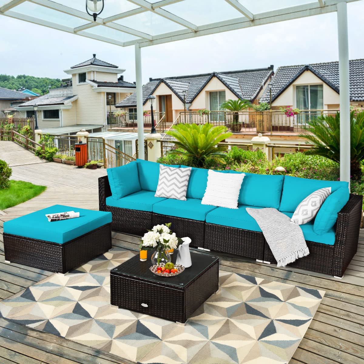 COSTWAY 6-Piece Outdoor Patio Furniture Set, Rattan Sectional Sofa Set with Tempered Glass Coffee Table, Cushions and Ottoman for Garden, Deck, Backyard (Turquoise)