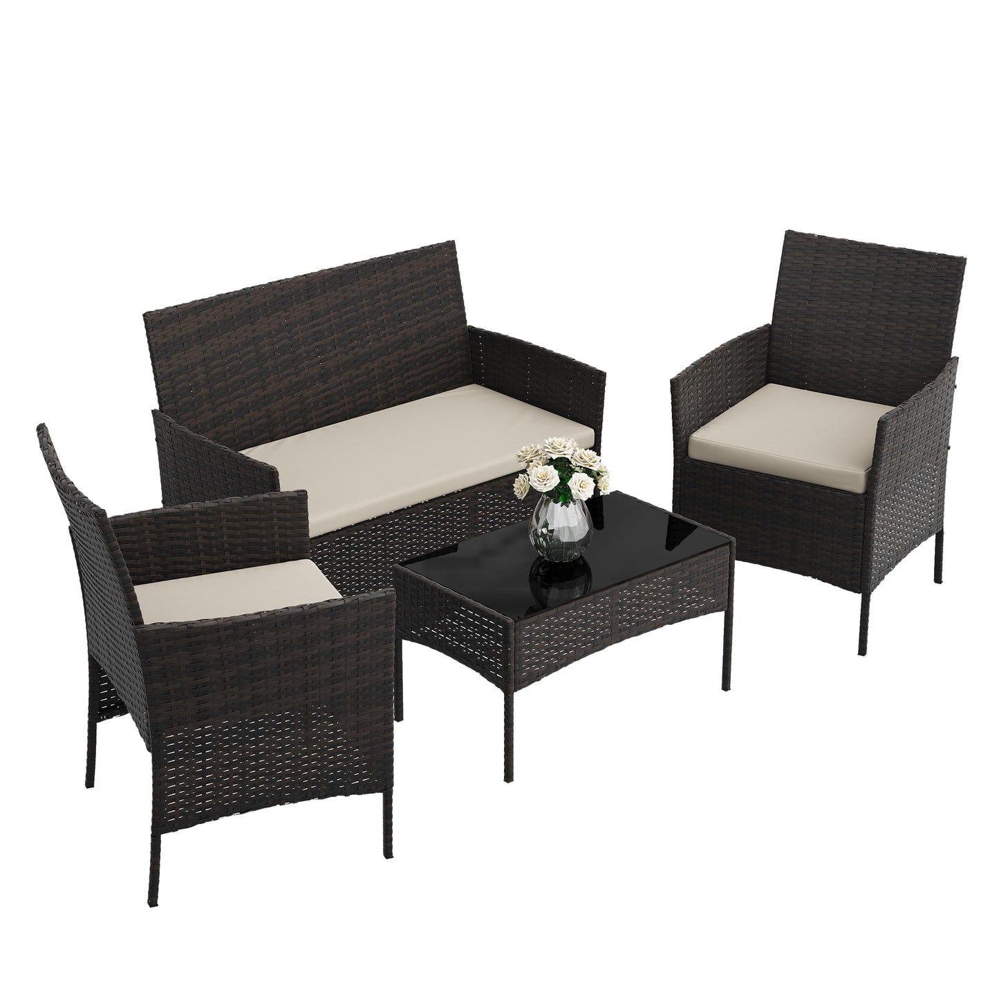 4-Piece Patio Furniture Set, Outdoor Wicker Conversation Set with Tempered Glass Coffee Table, Heavy Duty PE Rattan Sectional Sofa & Washable Cushions for Backyard, Deck, Poolside (Black Rattan/Beige)