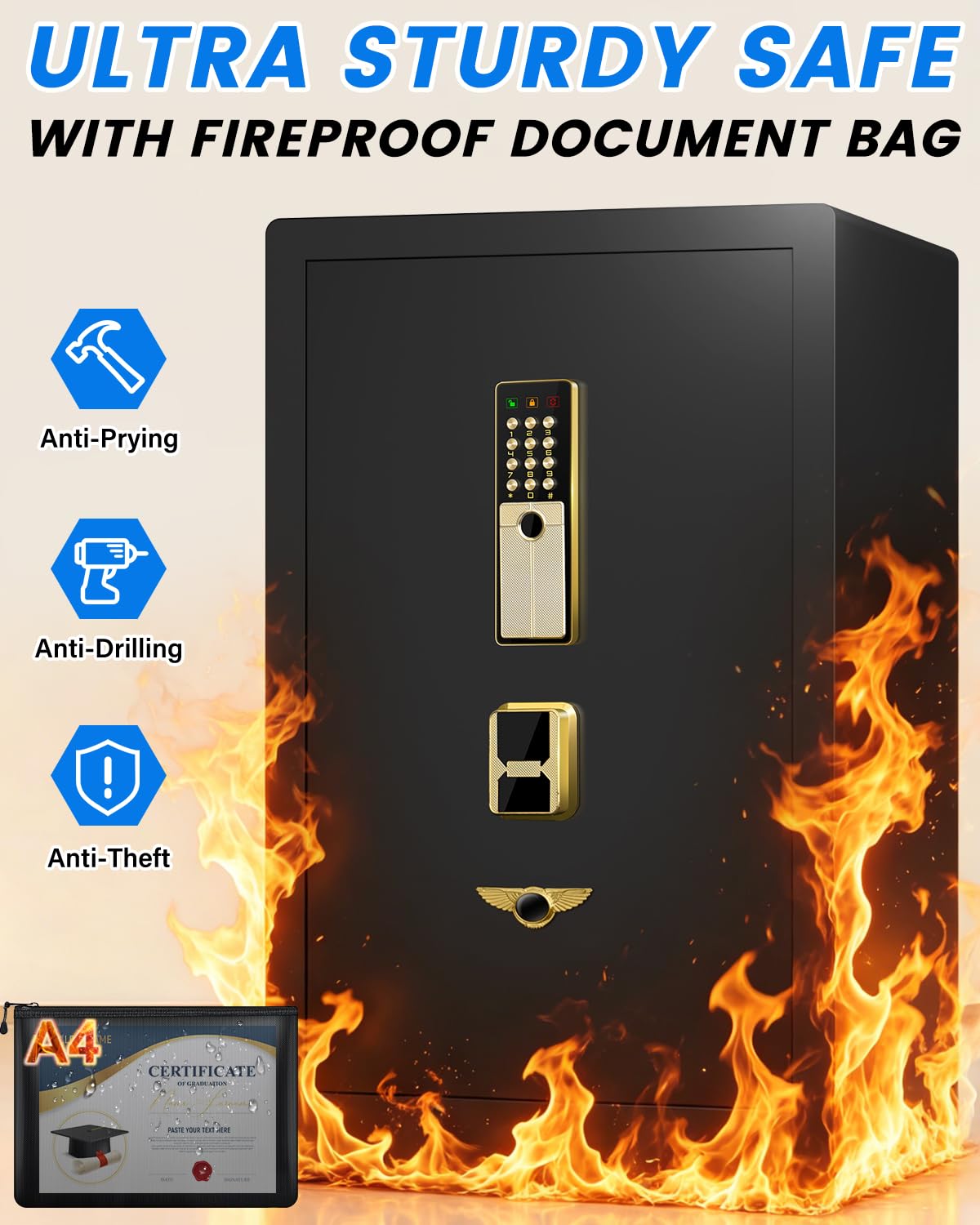 8.5 Cuft Heavy Duty Home Safes Fireproof Waterproof, Extra Large Fireproof Safe Box, Anti-theft Fire Proof Safe with Dual alarms, Hidden bottom lock box, Security Safes for Office Business
