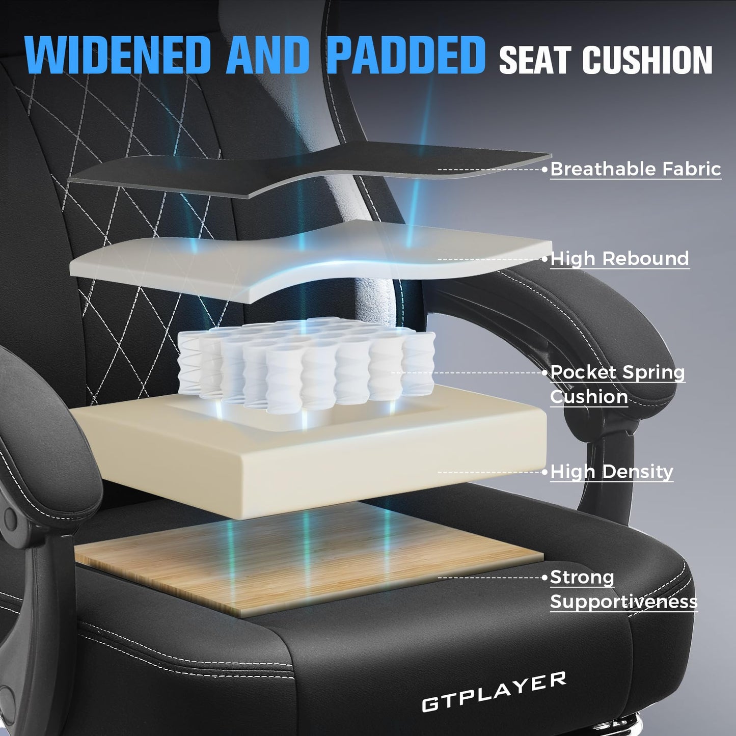 GTPLAYER Big and Tall Gaming Chair Breathable Fabric Computer Chair with Strong Lumbar Support, Comfortable Office Chairs with Pocket Spring Cushion, High Back Ergonomic Desk Chairs with Footrest