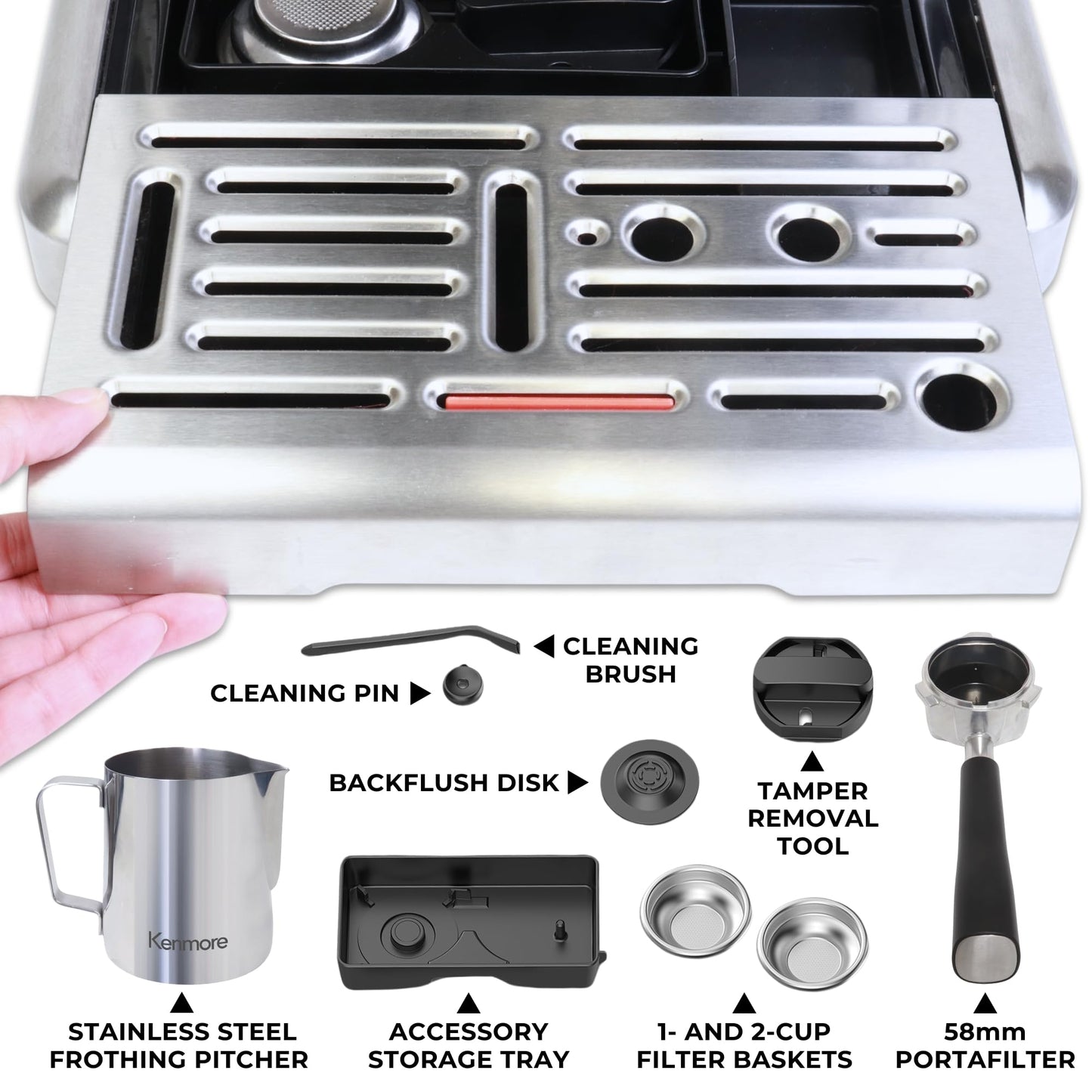 Kenmore Espresso Machine - Automatic Coffee Maker With Auto Tamper, Auto Cleaning, Milk Steamer & Frother, Bean Grinder, Make Professional Barista Style Cappuccino, Latte, Stainless Steel