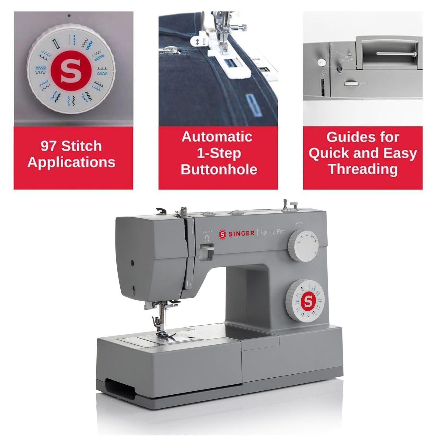 SINGER® Heavy Duty 4423 (Grey) High Speed Sewing Machine + Accessories | 23 Built-In Stitches Deliver 97 Stitch Applications | 50% More Power, 1100 Stitches/Min | Metal Frame, 1-Step Buttonhole