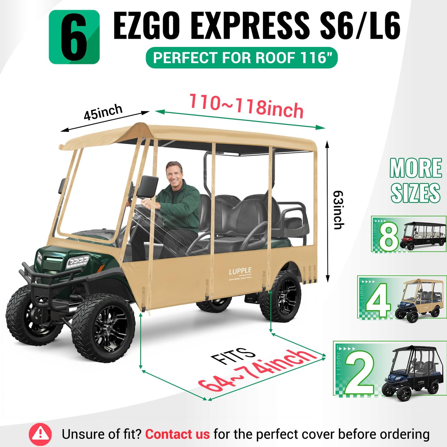 LUPPLE 6 Passenger Golf Cart Enclosure for EZGO Express S6 L6 Extended Roof 116in, 6 Seater Driving Rain Cover with 4-Sided Roll-up Zipper Door Waterproof Windproof (Khaki)