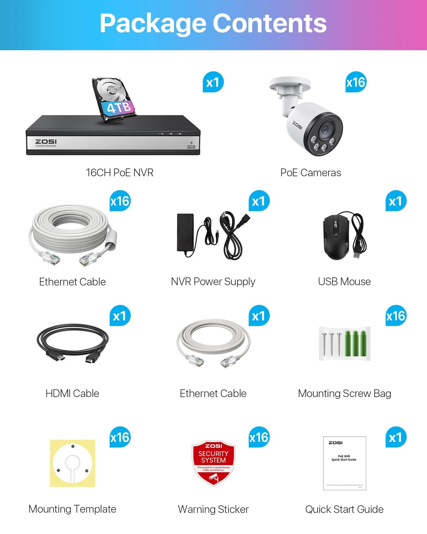 ZOSI 16CH 4K PoE Security Camera System,16pcs 4MP Weatherproof PoE IP Cameras Outdoor Indoor,Smart Human Vehicle Detection,100ft Night Vision,16 Channel 8MP/4K NVR with 4TB HDD for 24/7 Recording