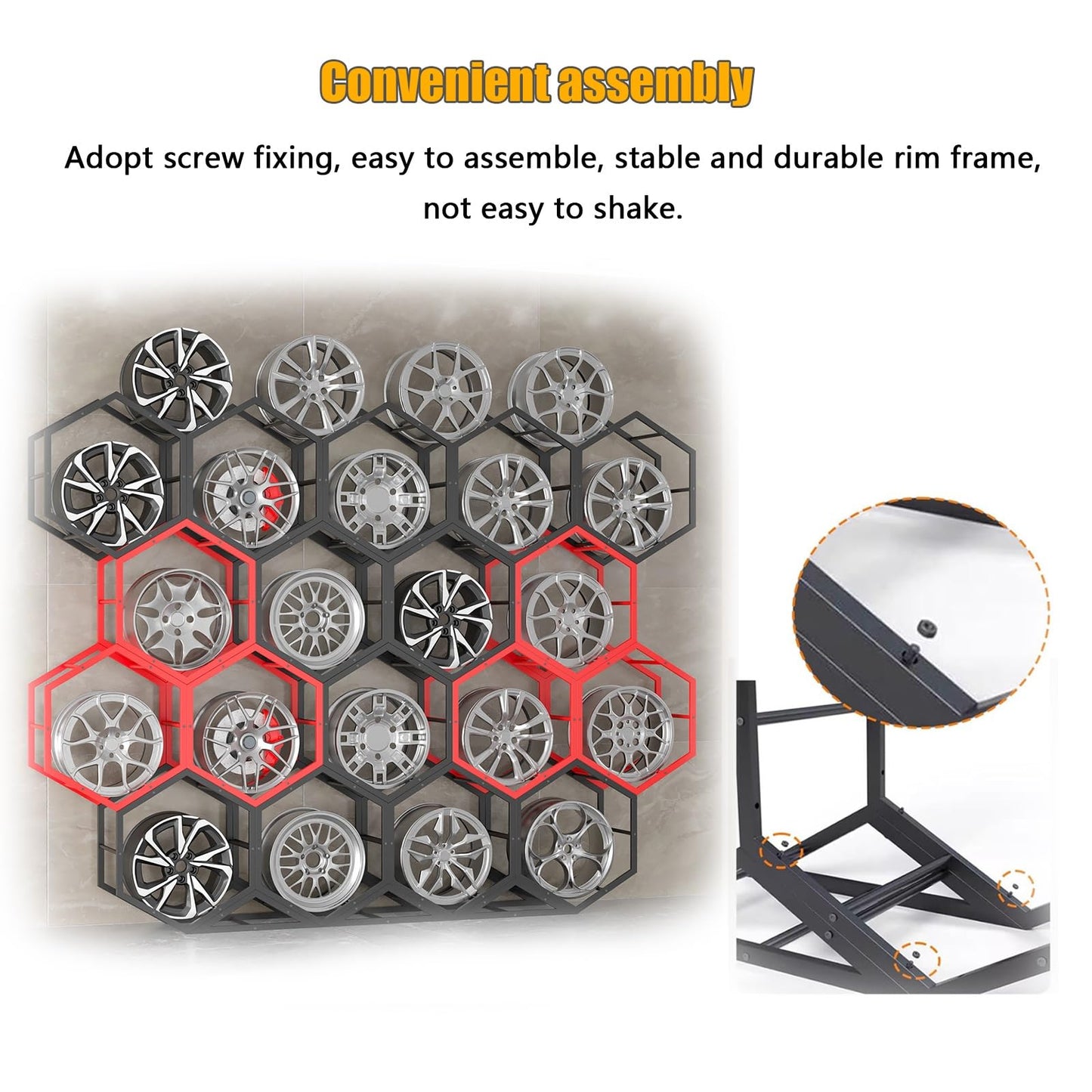 Aimery Rims Tire Rack for Garage, Hexagon Display Rack, Steel Spare Tyre Organizer, Wheel Organizer Holder(D)