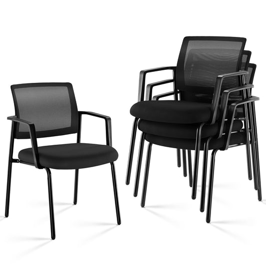 Sweetcrispy Mesh Back Stacking Arm Chairs, Upholstered Fabric Stacking Chairs, Sturdy Metal Office Chairs, Easy to Use and Store, Outdoor and Indoor, for Home, School, Party, Church, 4 Pack Black