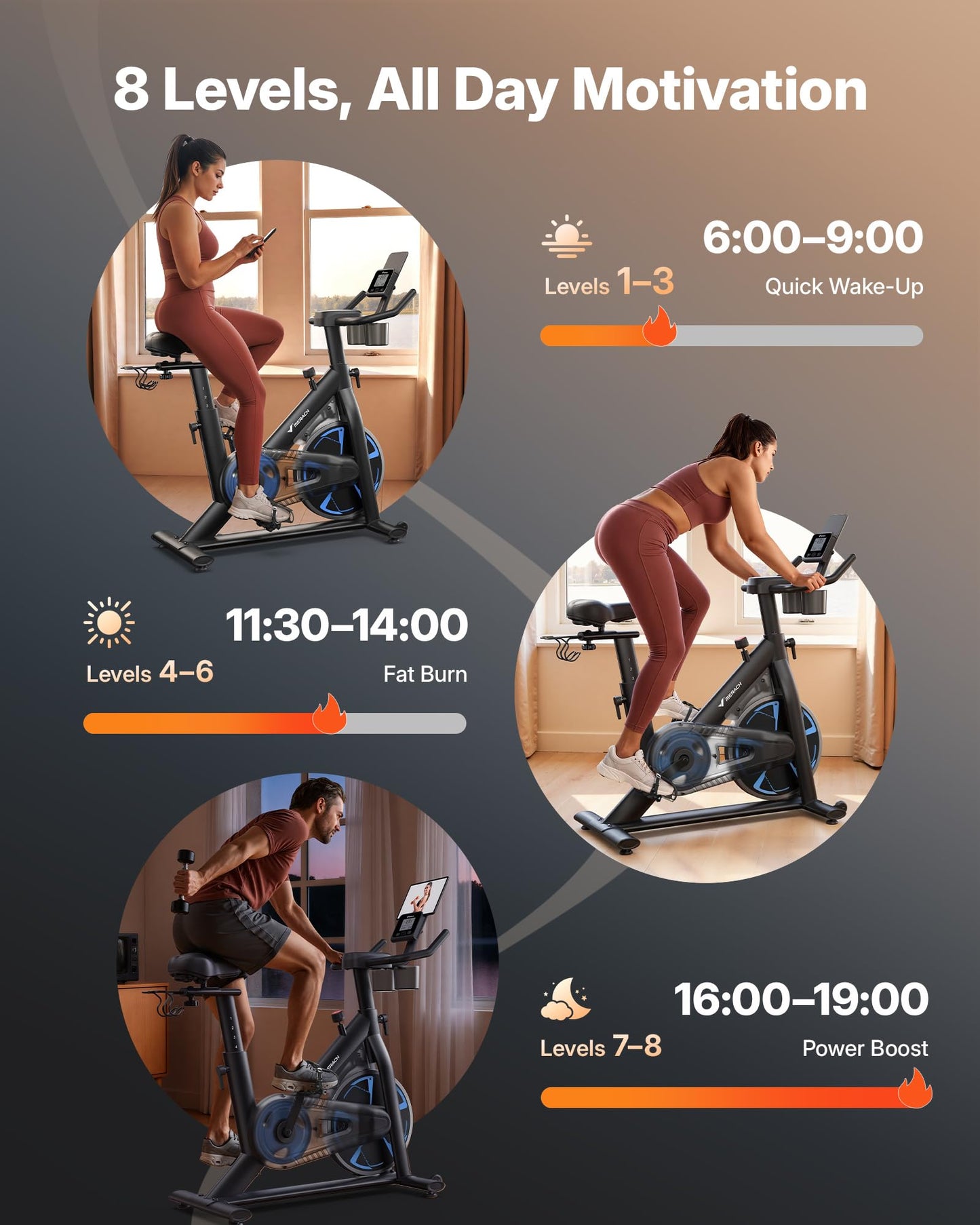 Merach Magnetic Exercise Bike, Low Noise Stationary Bike for Home with Comfortable Seat Cushion, Spinning Bike with 330 lb Weight Capacity, Exclusive App, Tablet Mount and Fitness Courses