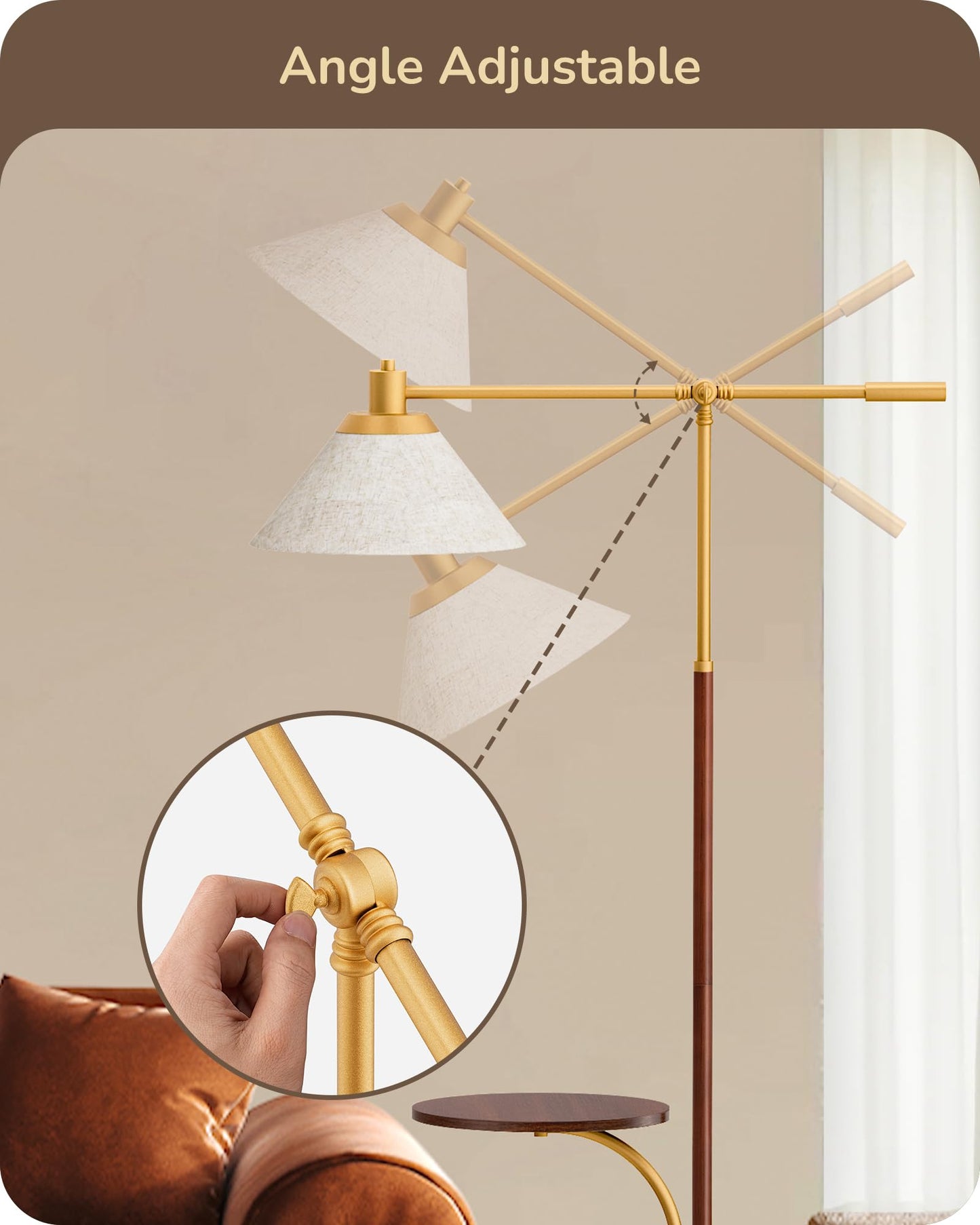 EDISHINE 68in Arc Floor Lamp, Vintage Design, Remote Dimmable Bulb, Beige Shade, Adjustable Arm, Wood Grain Finish, Model HFLEF1