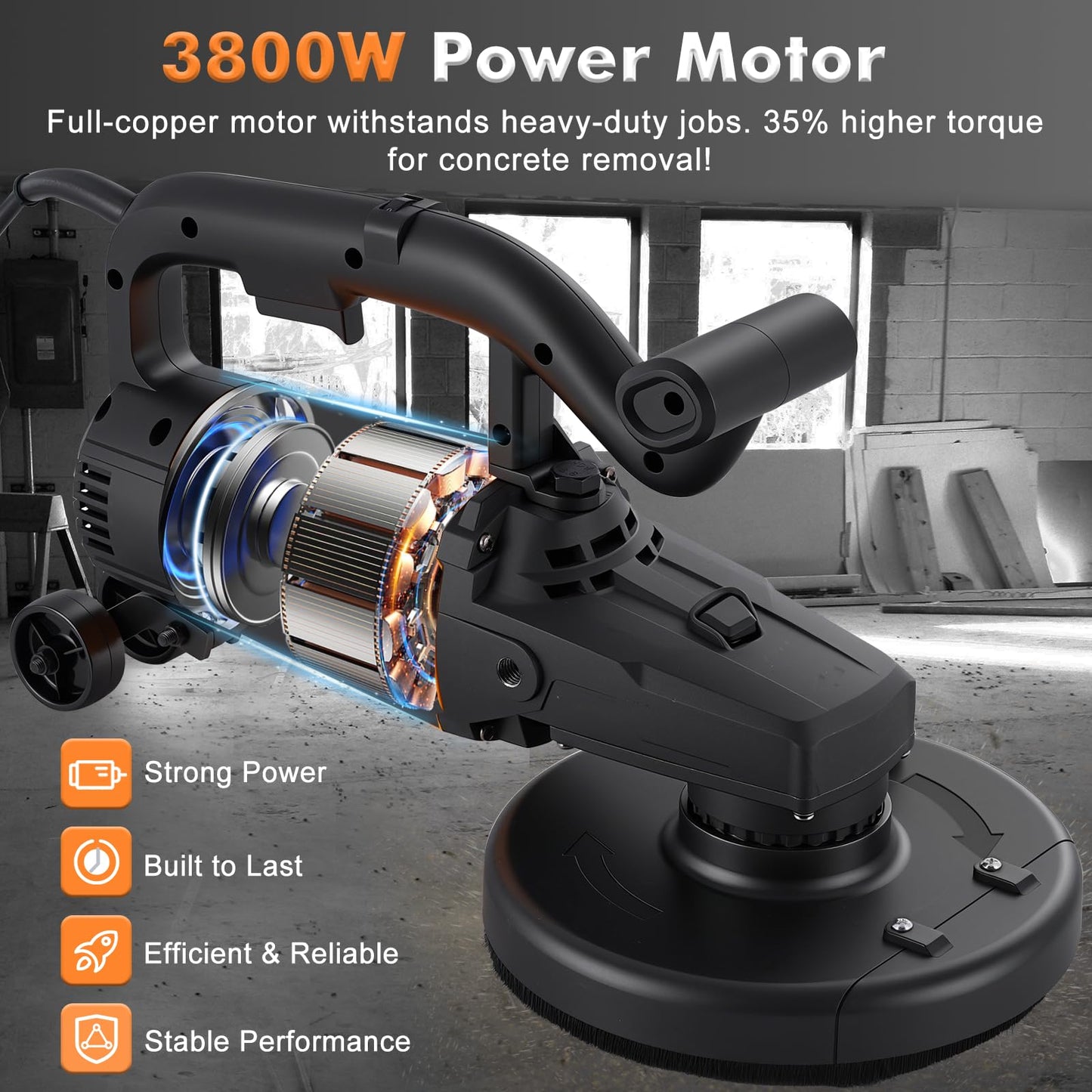 7 inch Concrete Grinder Set 3800W Concrete Surface Planer Concrete Floor Grinder with Dust Extraction Shroud Auxiliary Wheels for Grinding Concrete Cement Marble