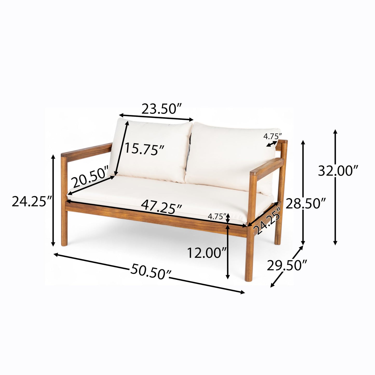 Christopher Knight Home Vorms 5-Piece Acacia Wood Patio Furniture Set with Rope Backrest, Patio Conversation Chat Set for Backyard Balcony, Outdoor 7-Seater Seating Group with Coffee Table, Teak+Cream