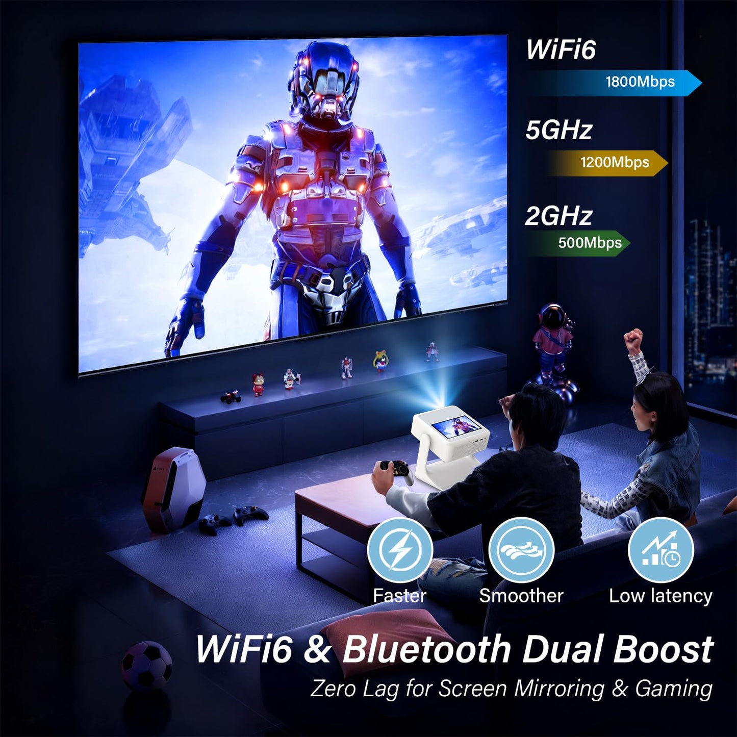 TouchScreen Smart Portable Projector,A2Ultra 4K Support Outdoor Projector with WiFi6 and Bluetooth, 800 ANSI Dual-Screen Sync,1000+ Apps, Auto Focus Movie Proyector for Home Theater/Outdoor/Gaming