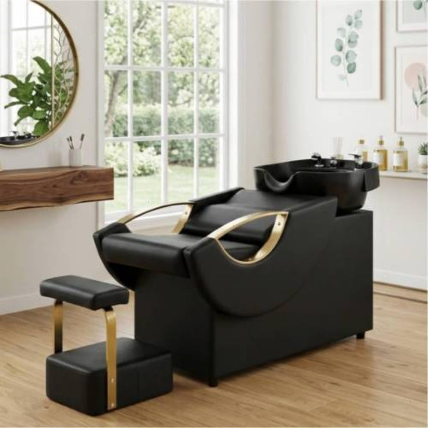 Daklpiw Professional Shampoo Chair with Bowl & Footrest, 300LBS Reclining Backwash Station with Gold Armrests, Waterproof PU Leather Salon Hair Washing Unit for Barber Shop & Spa