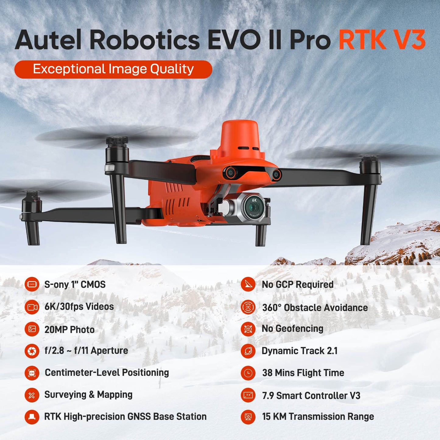 Autel Robotics EVO II PRO RTK V3, S-ony 1'' 6K/30fps HDR Video, Centimeter-Level Positioning, High-Precision GNSS Base Station, PPK Support, 20MP, SkyLink 2.0, 15KM Transmission, For Mapping