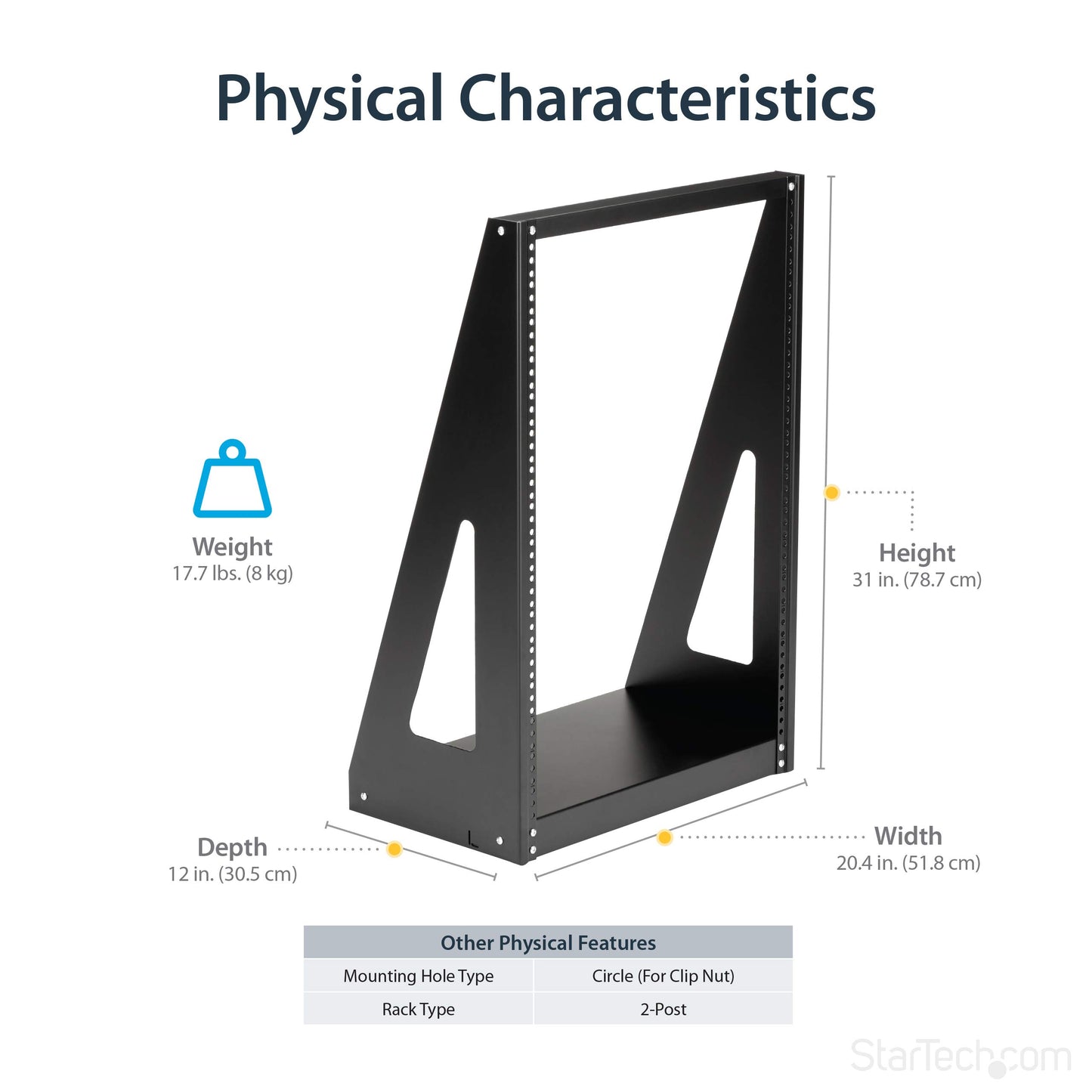 StarTech 16U 2-Post Open Frame Desktop Server Rack, 19in Compact Space-Saving Floor IT Rack with 350lb (160kg) Weight Capacity