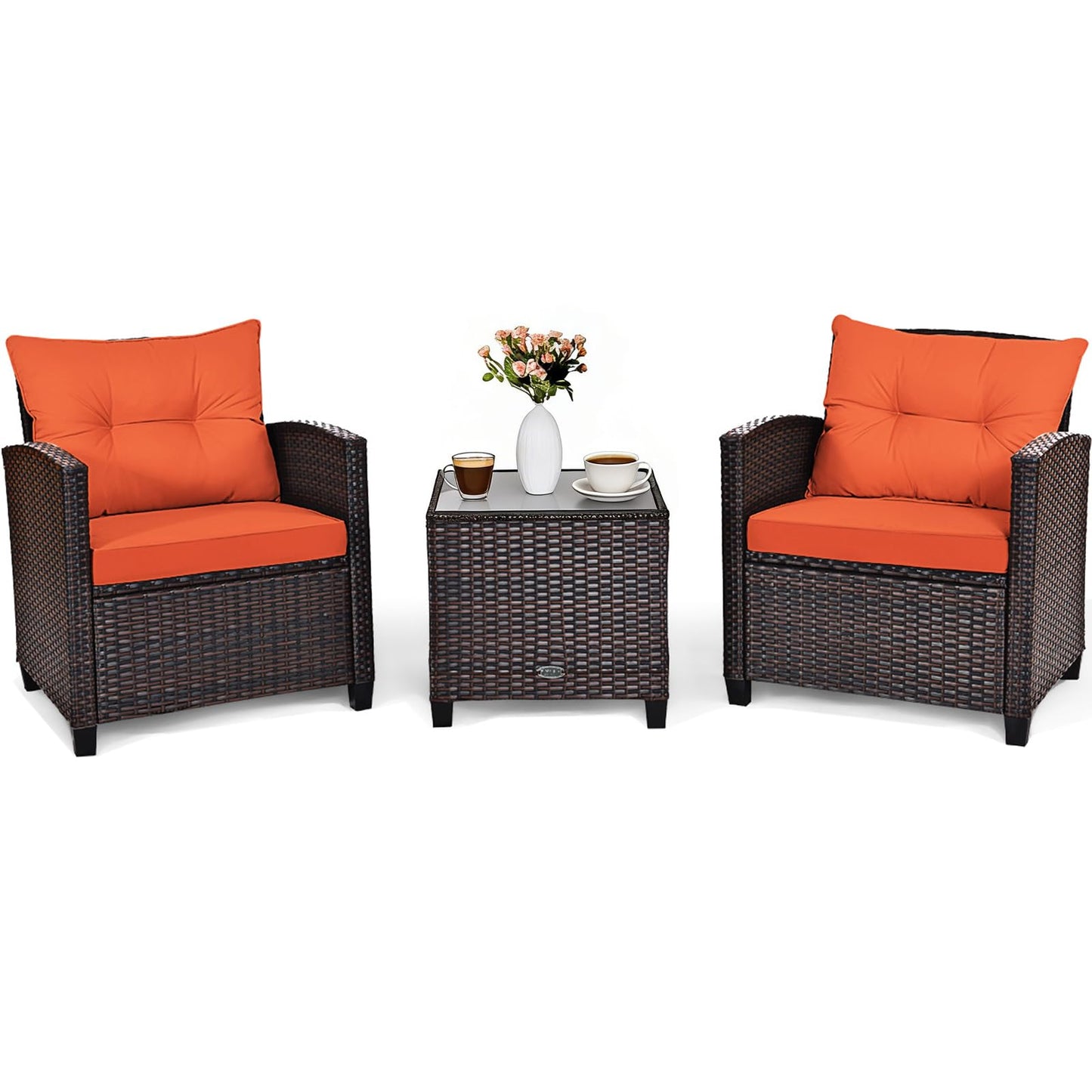 COSTWAY 3PCS Patio Furniture Set, PE Rattan Wicker Sofa w/Washable Cushion and Coffee Table, Tempered Glass Tabletop, Outdoor Conversation Set for Balcony, Porch, Yard, Backyard, Lawn (Orange)