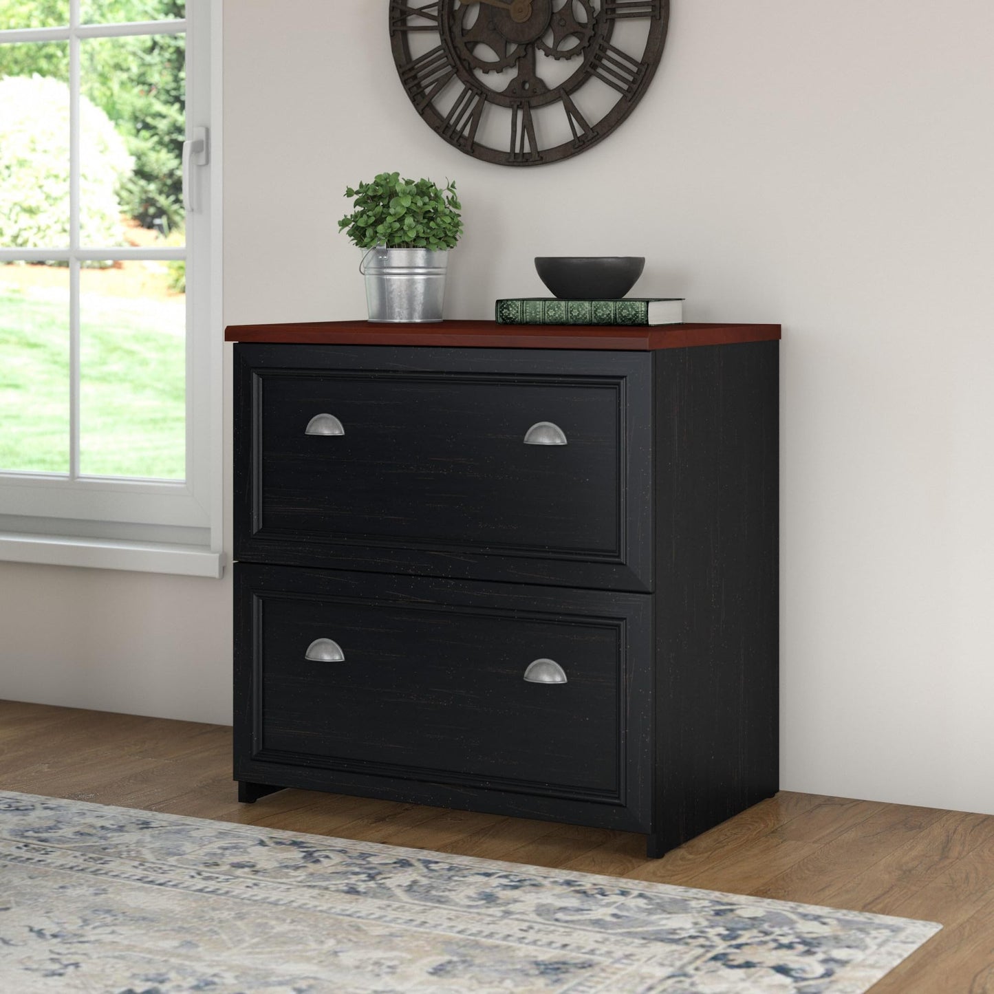 Bush Furniture Lateral File Cabinet with Antique Pewter Accents | Fairview Collection 2 Drawer Filing Storage Unit for Home Office | 32Wx21Lx31H