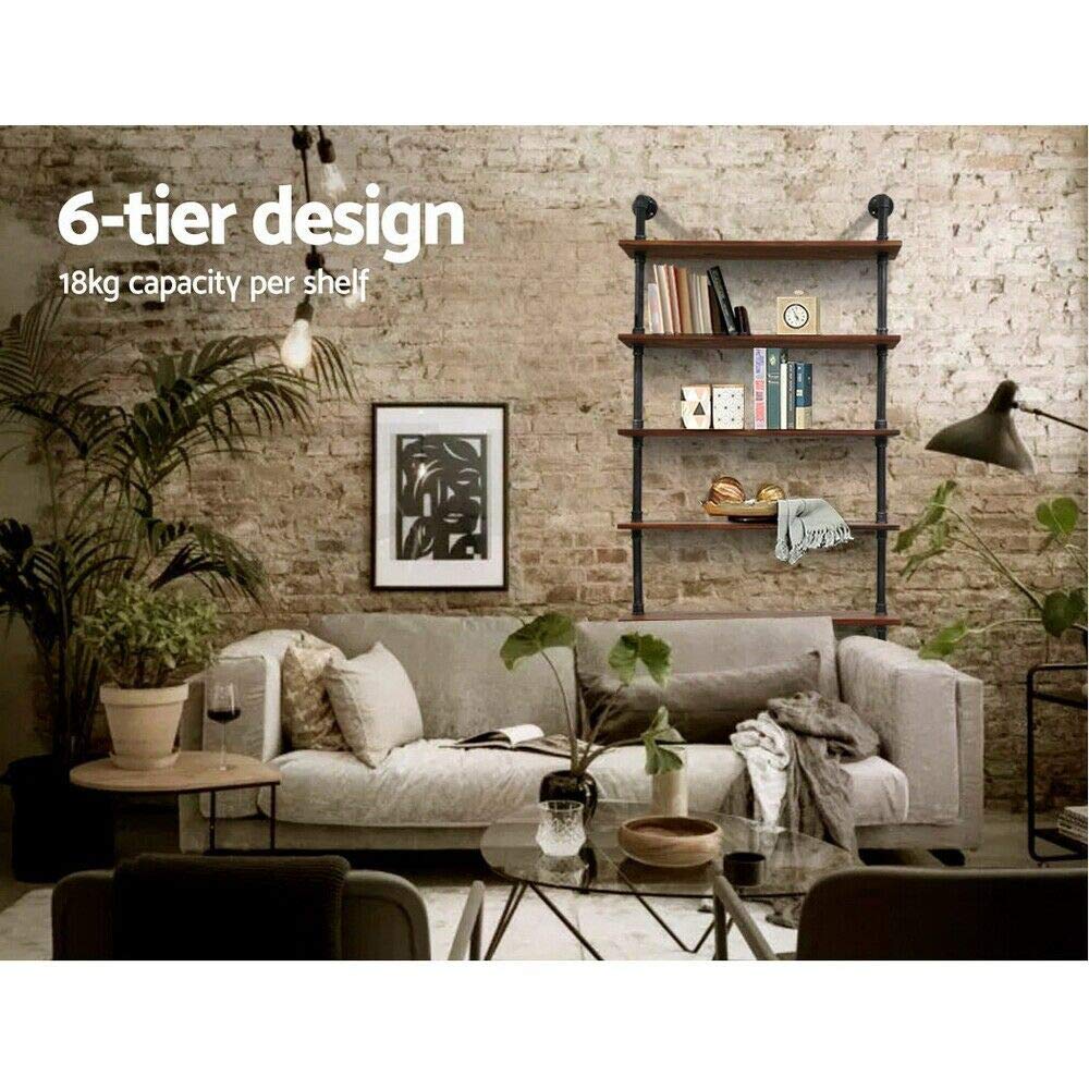 Diwhy Industrial Pipe Bookshelf, 6 Layer Rustic Modern Wood Ladder Shelf with Metal Frame, Home Decor, Display Shelving, Retro Floating Shelving, 35.4x9.8x79in, 10-20lbs, Pine