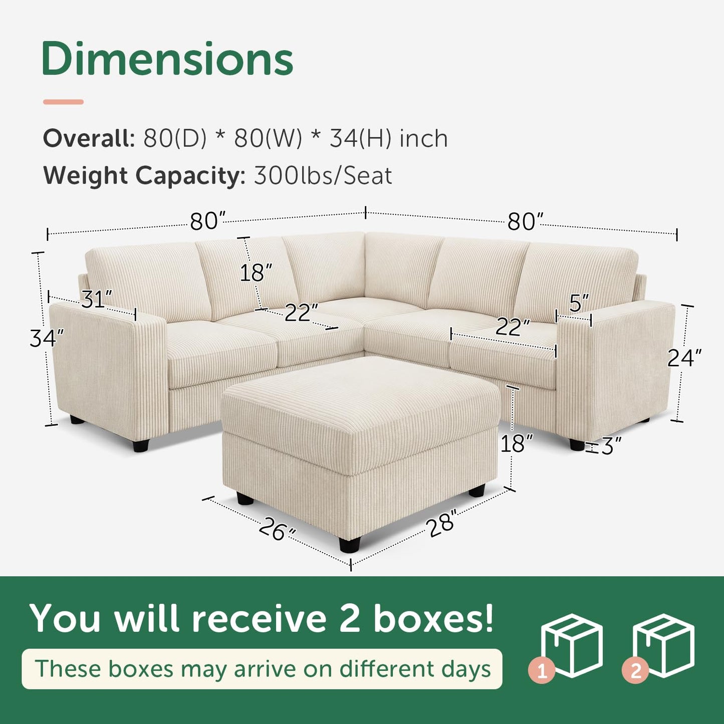 HONBAY Corduroy Sectional Couch with Storage L-Shaped Sectional Couches for Living Room 6 Seater Sectional Sofa, Beige