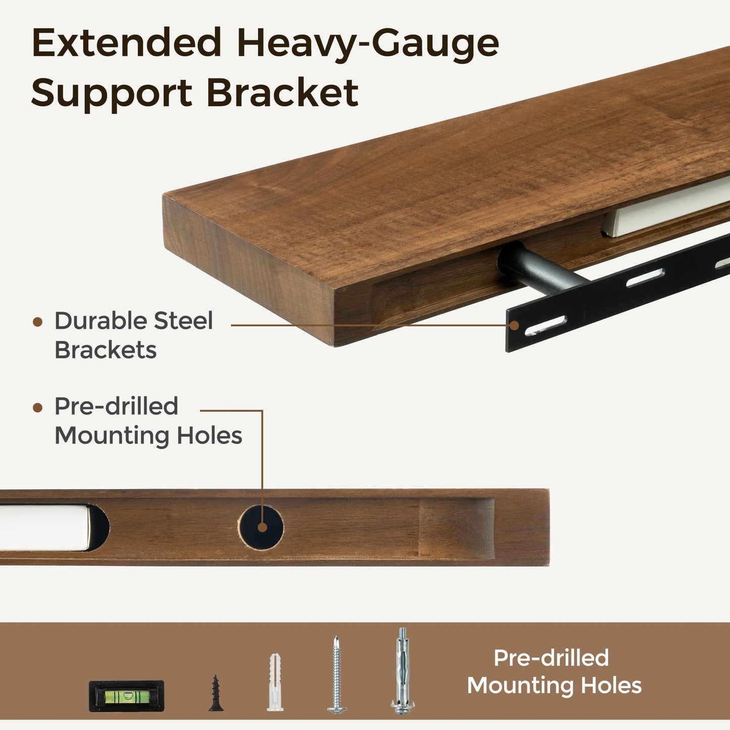 Acovy Floating Shelves, USA-Sourced Walnut Wood 36 Inch Wide x 6.7 Inch Deep Floating Shelves, Natural Wooden Shelves for Bedroom Living Room Home Office, Set of 2
