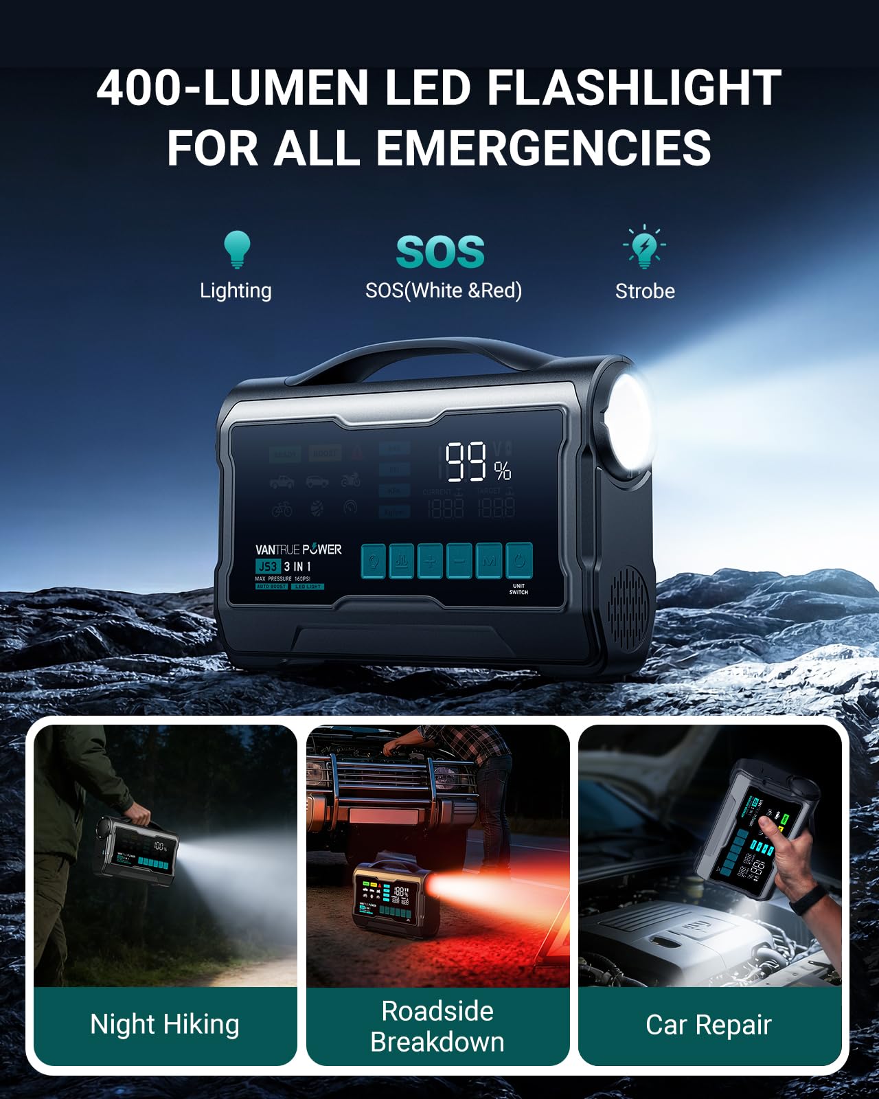 VANTRUE POWER JS3 Real 3250A Jump Starter with Air Compressor 160PSI, 12V Car Battery Booster with Display, Jump Box with Light, Support 65W Fast Charging Power Bank, 10L Gas/8L Diesel Engines