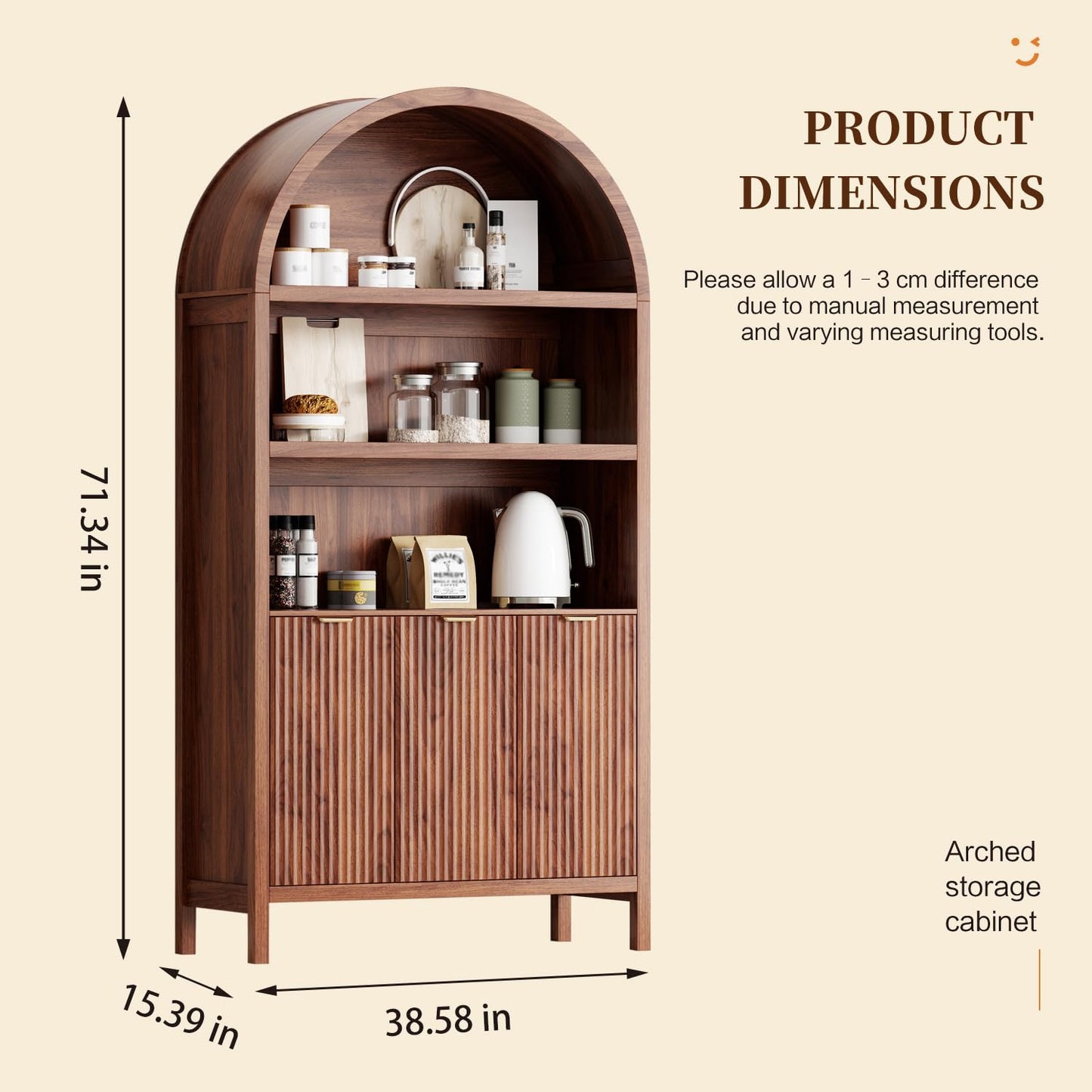 Ieejdn 71" Tall Arched Kitchen Pantry,Modern Fluted Wood Storage Cabinet with Doors,Adjustable Shelves,Organizer, Versatile Cupboard for Kitchen,Living Room,Dining Room,Bathroom,Walnut