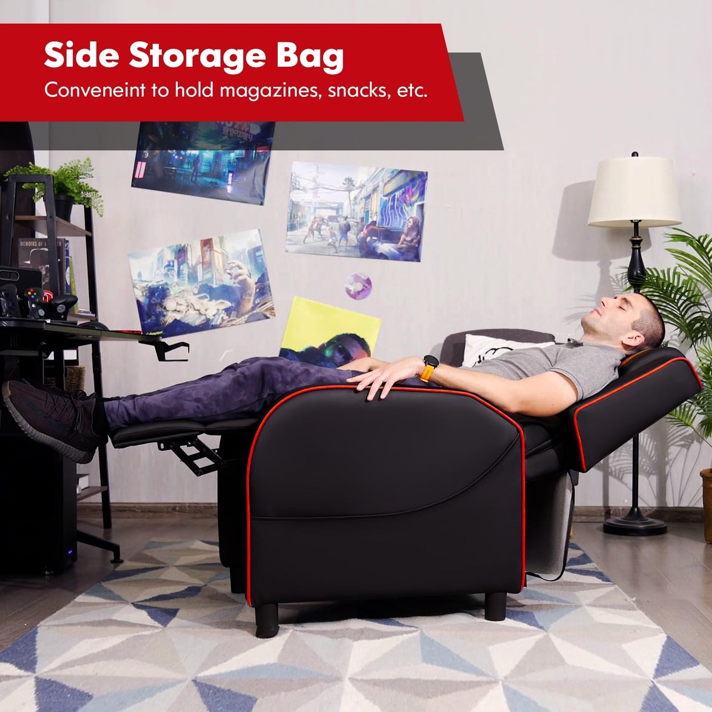 GYMAX Gaming Recliner, Massage Gaming Chair with Adjustable Footrest, Remote Control & Side Pocket, Ergonomic Game Lounge Chair, Racing Style Single Theater Seat Game Sofa for Adults (Red)