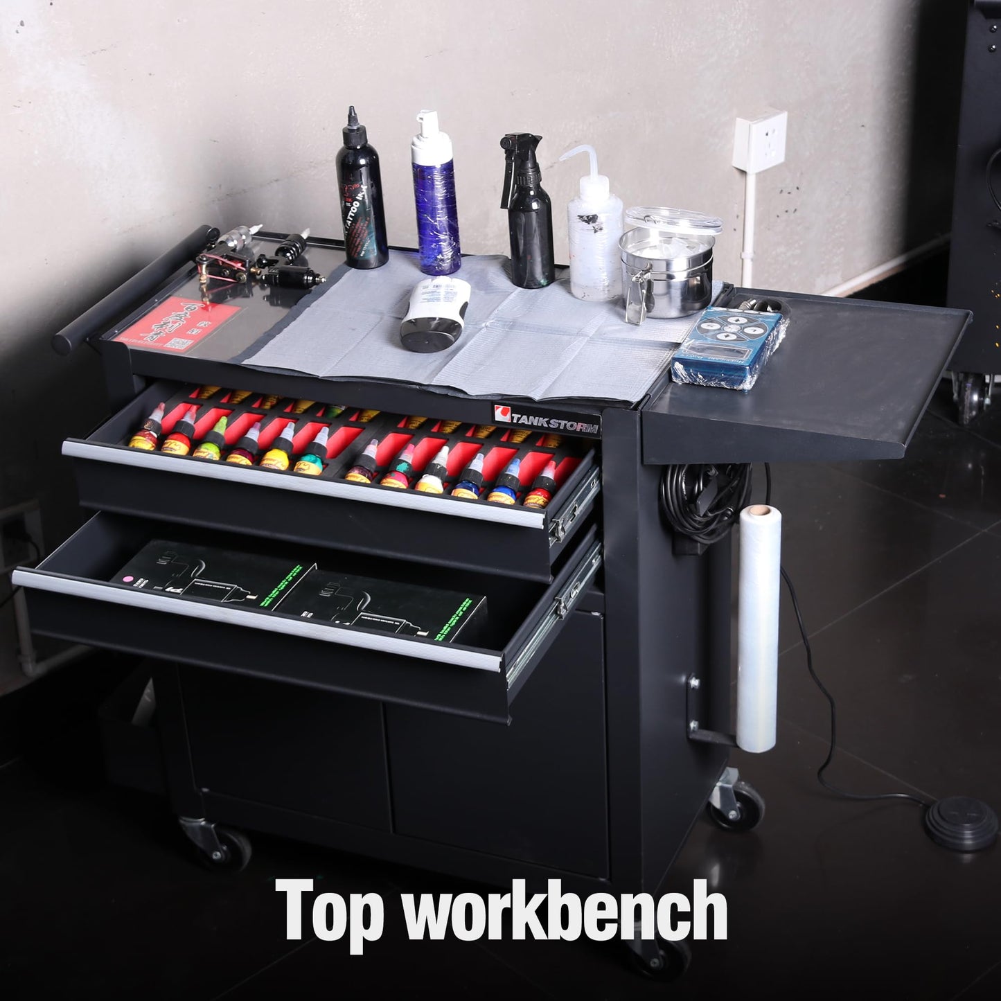 TANKSTORM Rolling Tattoo Workstation Cart, 2-Drawer Lockable Utility Cart with Wheels, Metal Rolling Tool Chest with Cabinet & Side Trays, Mobile Workbench for Tattoo Studio, Salon, Garage, Workshop