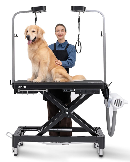 JirPet Dog Grooming Table for Large Dogs, Electric Lift with Memory Function, 46″ Professional Grooming Table with Strong Stability, Power Outlet, Grooming Light, and Wheels for Easy Mobility