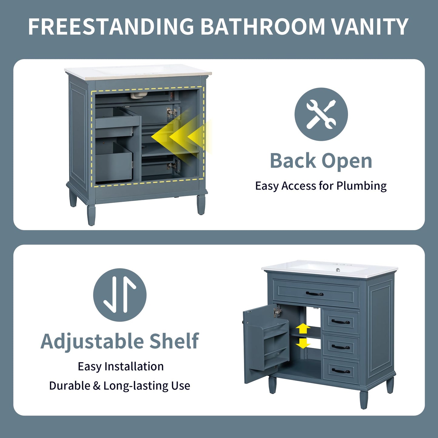Bathroom Vanity with Ceramic Sink Top Set 30inch, Cabinet with Two Tip-Out Drawers and Door Rack, Adjustable Shelf, Solid Wood Legs, Soft-Closing Door, Gray Blue