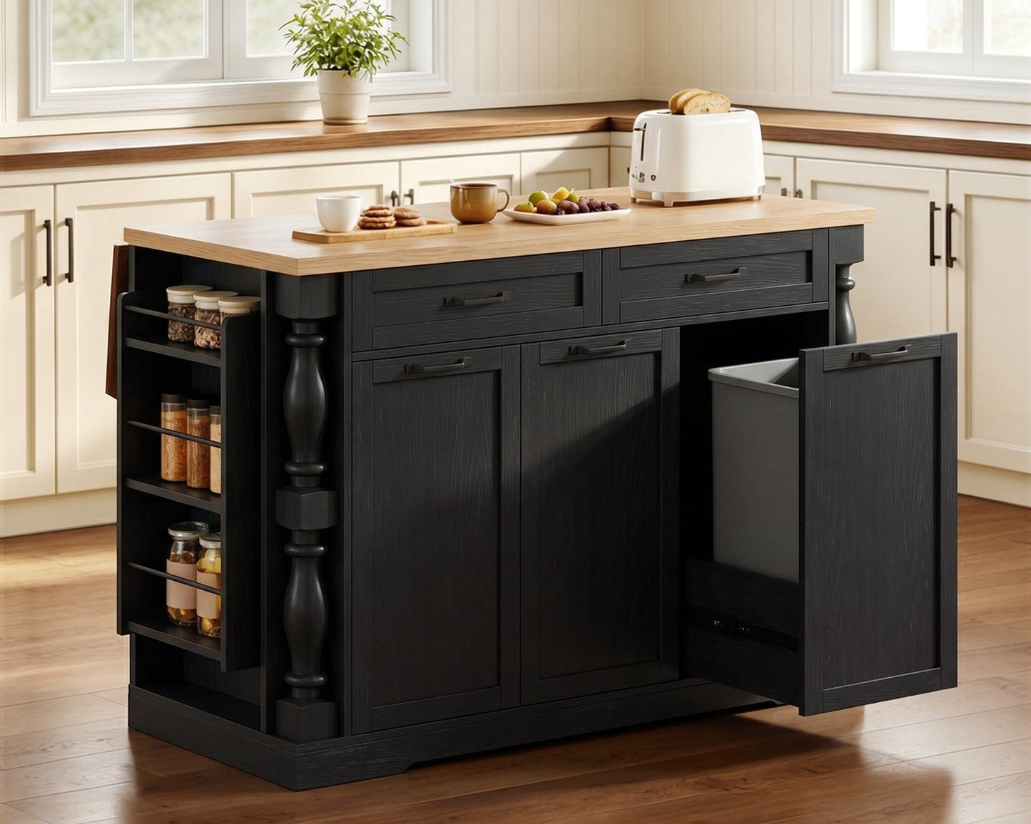 Homiflex Kitchen Island, 47.6"x20" Kitchen Island with Spice Rack & 11.8" Drop Leaf, Coffee Cart on Wheels Breakfast Bar Table Storage & Trash Bin Islands Table with Power Outlet for Dining Room-Black