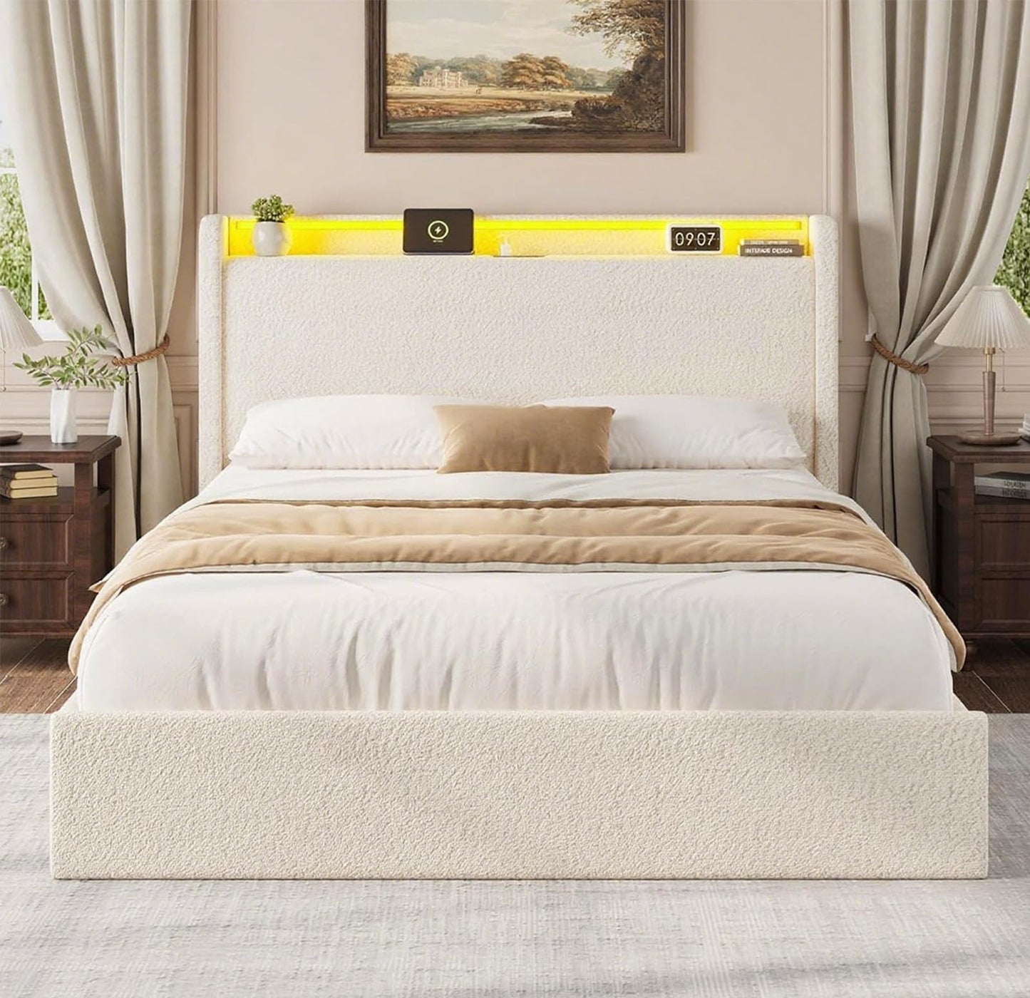 Full LED Bed Frame with 4 Storage Drawers and Storage Headboard, Soft Boucle Upholstered Platform Bed Frame with Charging Station and USB Ports, Solid Wood Slats Support, No Box Spring Needed, Cream