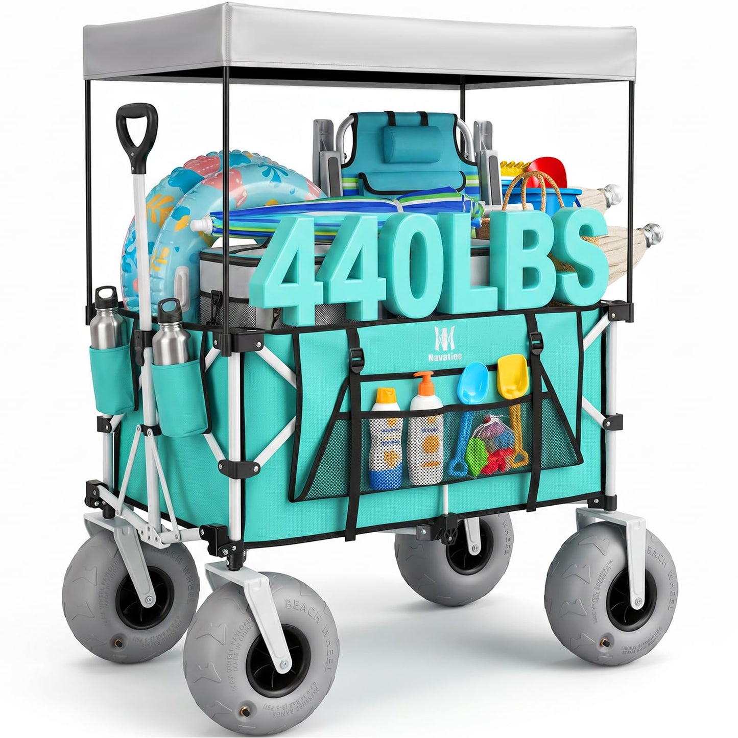 Navatiee Beach Wagon with Big Balloon Wheels for Sand, 200L Extra Large Beach Cart with Canopy, 440Lbs Heavy Duty Folding Wagon Collapsible with 9" Tires & Side Pocket for Beach, Outdoor, Light Blue