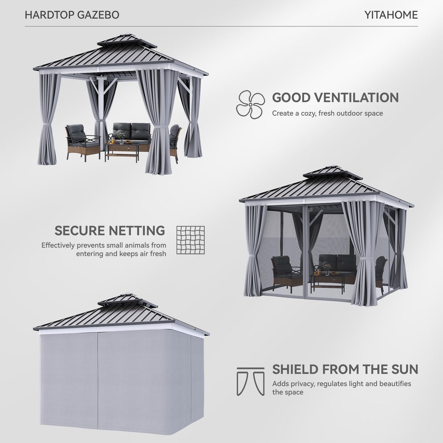 YITAHOME 10X10FT Hard Top Metal White Gazebo Patios Double Roof Canopy Aluminum Frame Garden Gazebo Tent Curtains Netting for Patios Backyards Decks Lawns White