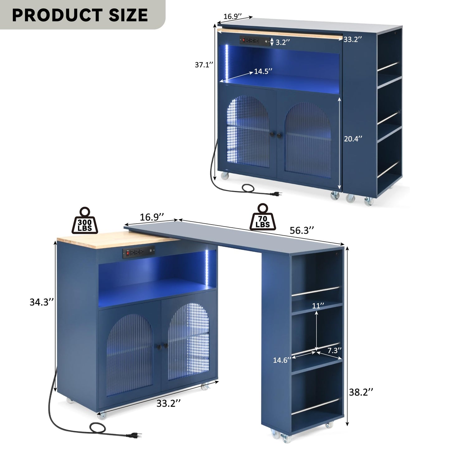 KTATK Rolling Kitchen Island with Extended LED Lights and Table,Storage Cart on Wheels W/Power Outlets & 2 Fluted Glass Doors,A Compartment,Side 3 Open Shelves,for Home Dining Room,Navy