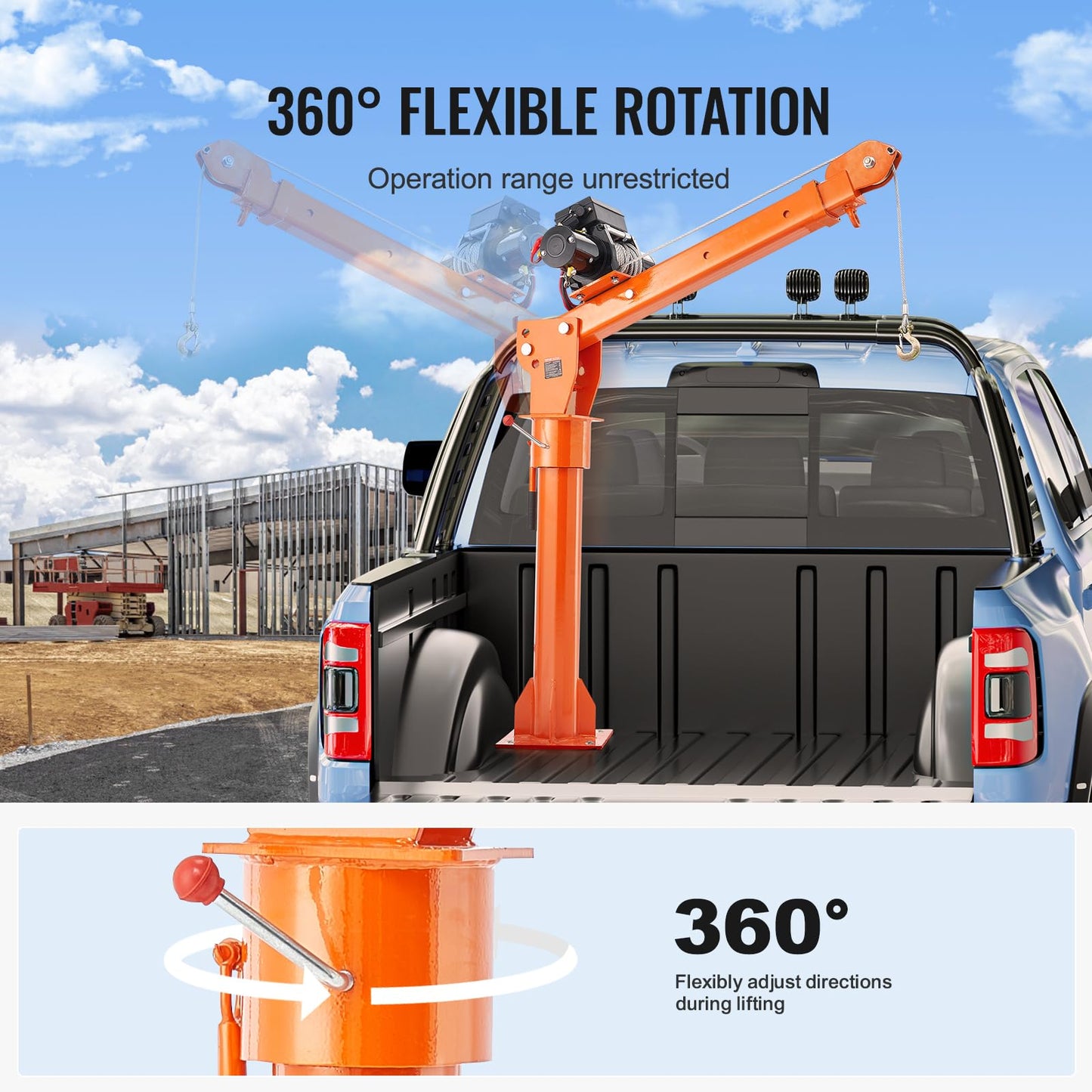 VEVOR 2200 lbs Electric Pickup Truck Crane with Electric Winch 6000 lbs 12V, Folding Truck-Mounted Bed Crane, Steel Pickup Truck Jib Crane Hoist 360° Swivel for Lifting Goods in Construction, Factory