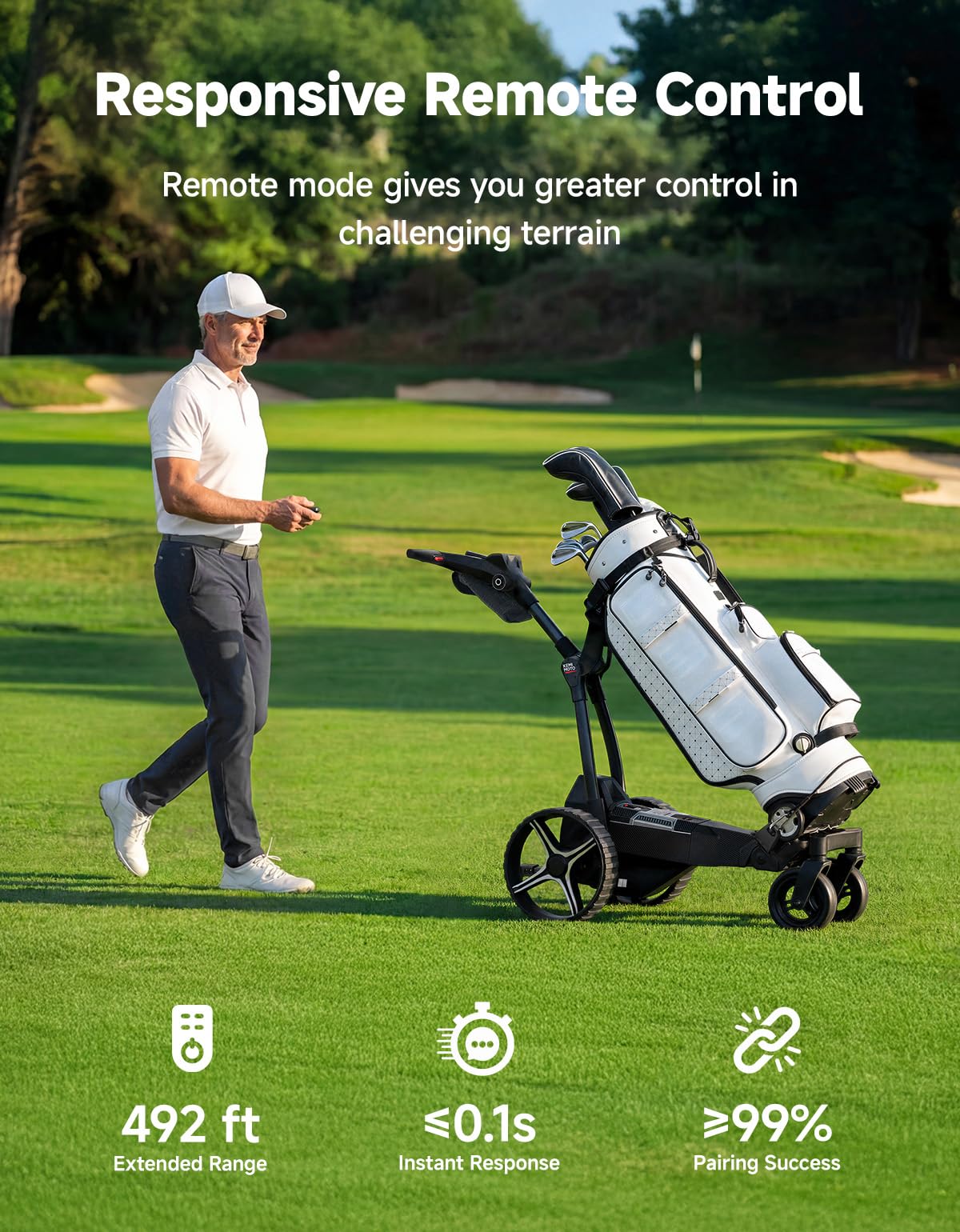 KEMIMOTO ApexAI Electric Golf Caddy that Follows You, 492 FT Remote Control, Power Assist Mode, Dual 240W Motor, 36-Hole Battery, IPX5, Compact Folding w/USB-C, Drink & Umbrella Holder