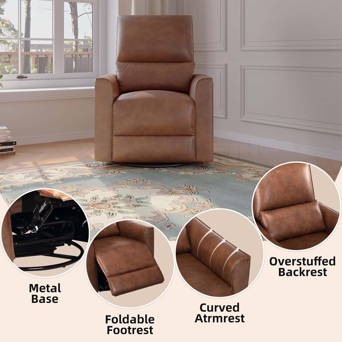 GAOMON Swivel Rocking Recliner Chair, Manual Leather Recliner Glider with Lumbar Support & Padded Armrest, Comfortable Rocker Nursery Single Sofa for Living Room and Bedroom (Brown)