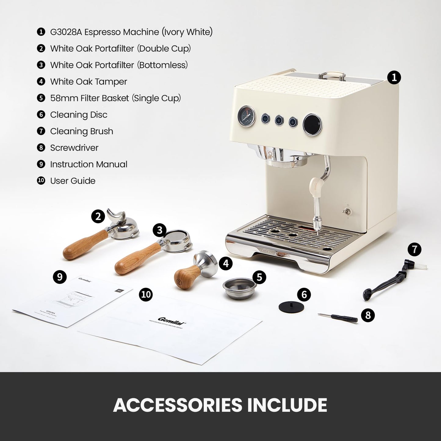 Gemilai G3028A Espresso Machine, 15 Bar Professional Coffee Maker with Adjustable Pressure & Automatic Milk Frother, Dual PID & 550ml Boiler, 57oz Tank, Stainless Steel for Cappuccino, Latte White