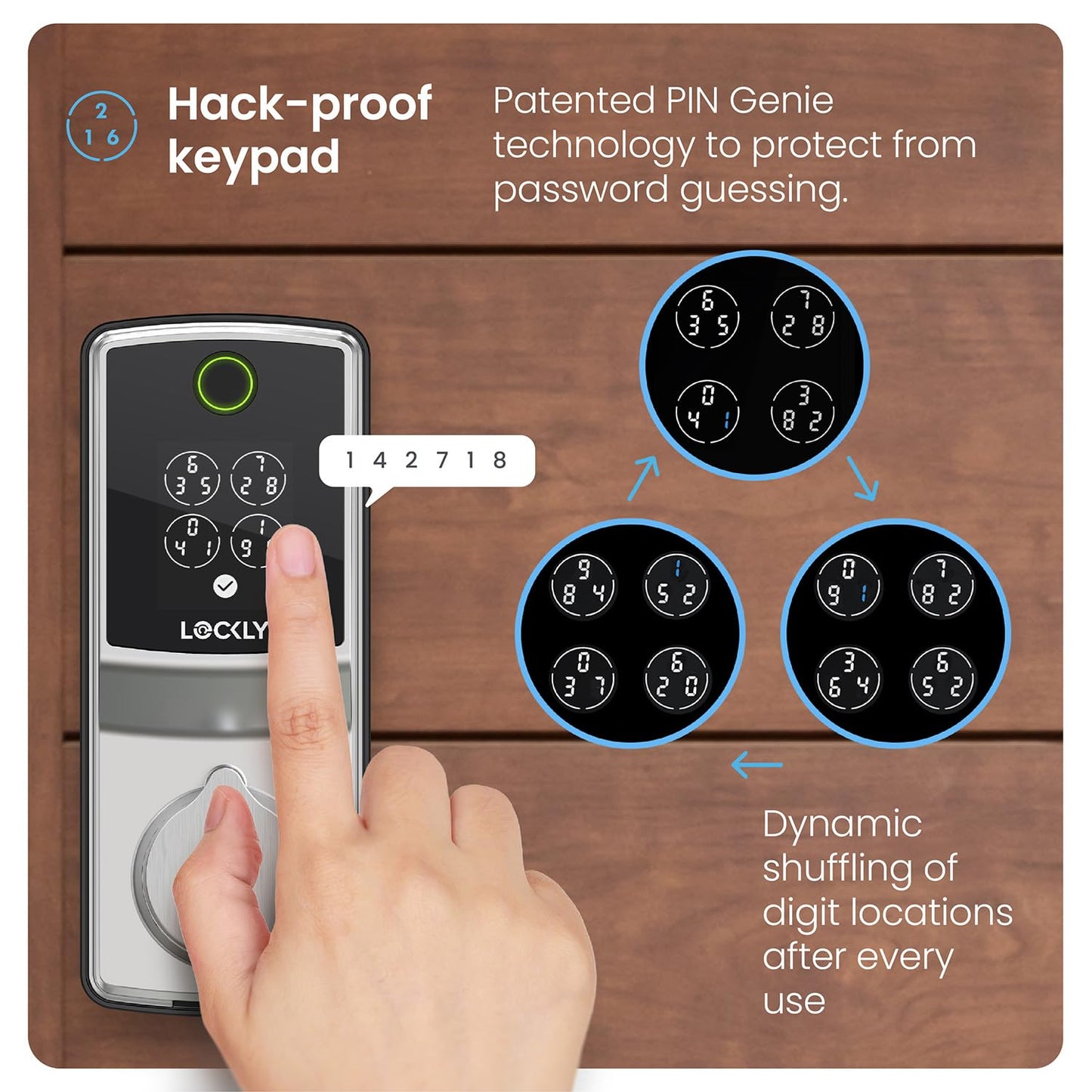 Lockly Secure Pro Smart Lock, 0.2s AI Fingerprint Door Lock, Patented PIN Genie Keypad, Keyless Entry Deadbolt for Front Door, Zinc Alloy, IP65 Waterproof, 2 Backup Keys Included