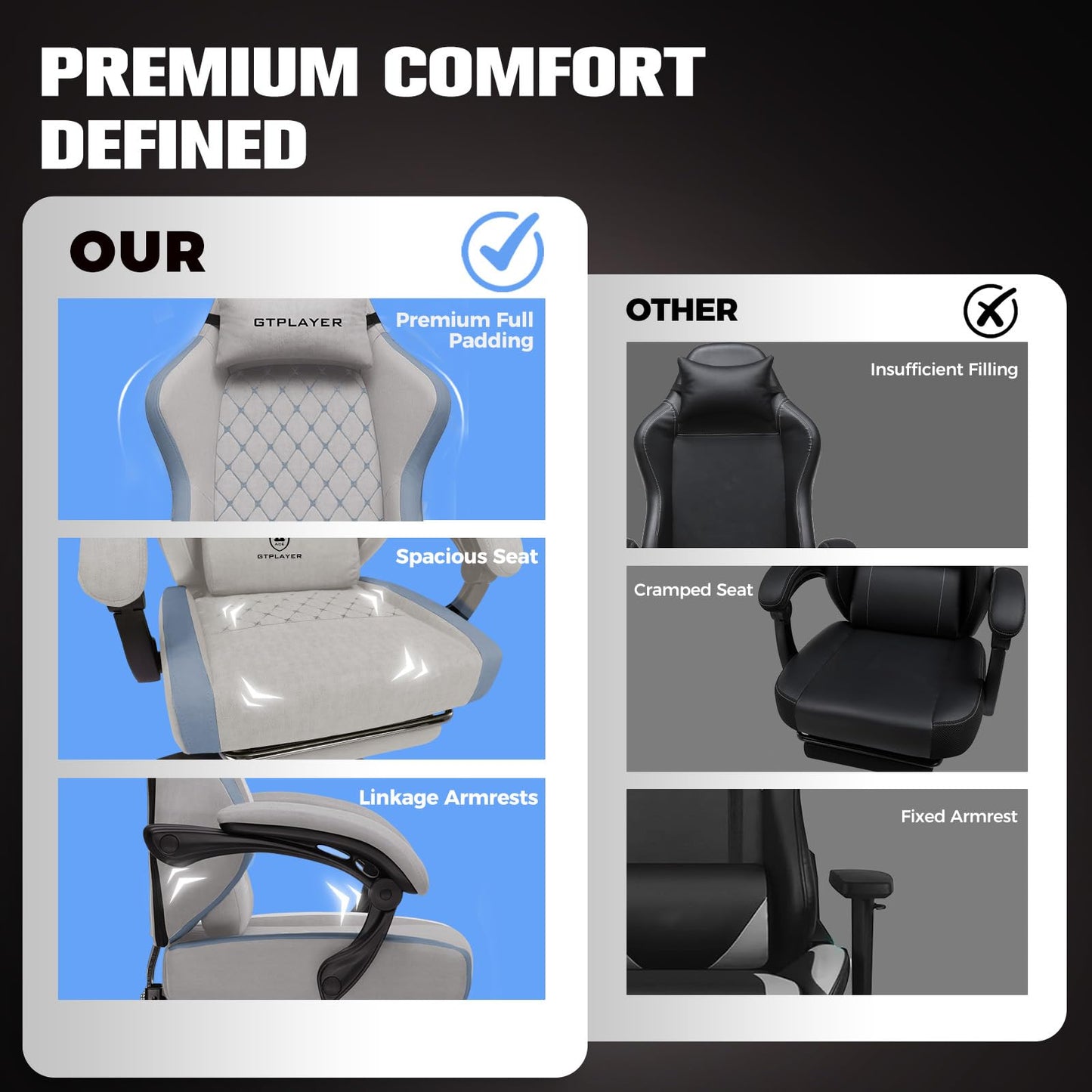 GTPLAYER Gaming Chair, Ergonomic Computer Chair with Footrest and Lumbar Support, High Back Recliner Chair 350lbs, Height Adjustable for Home Office, Grey