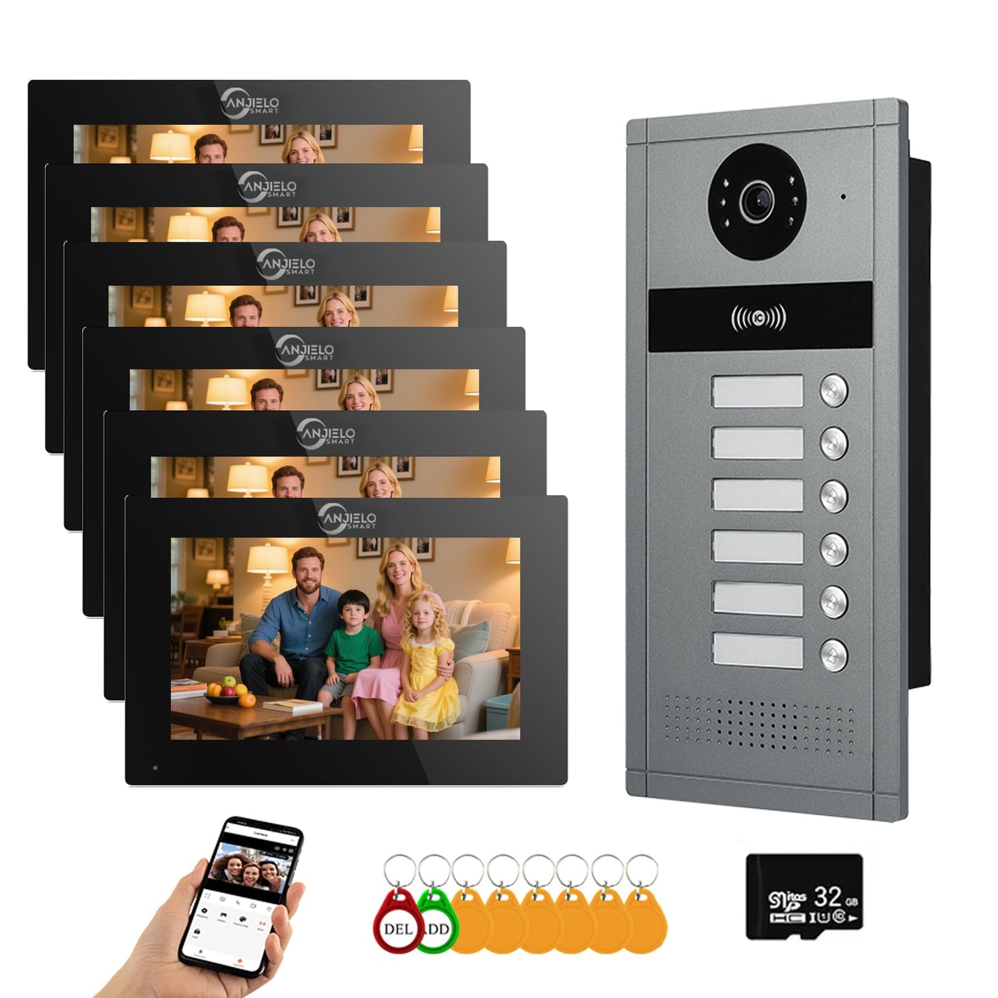 Wired Video Apartment Doorbell Intercom System,6/12/18/24 Units 7 inch Touch Monitor Video Door Phone Indoor Outdoor Kit,2 Way Audio,1080P,Motion Detect for Home (6 Family)