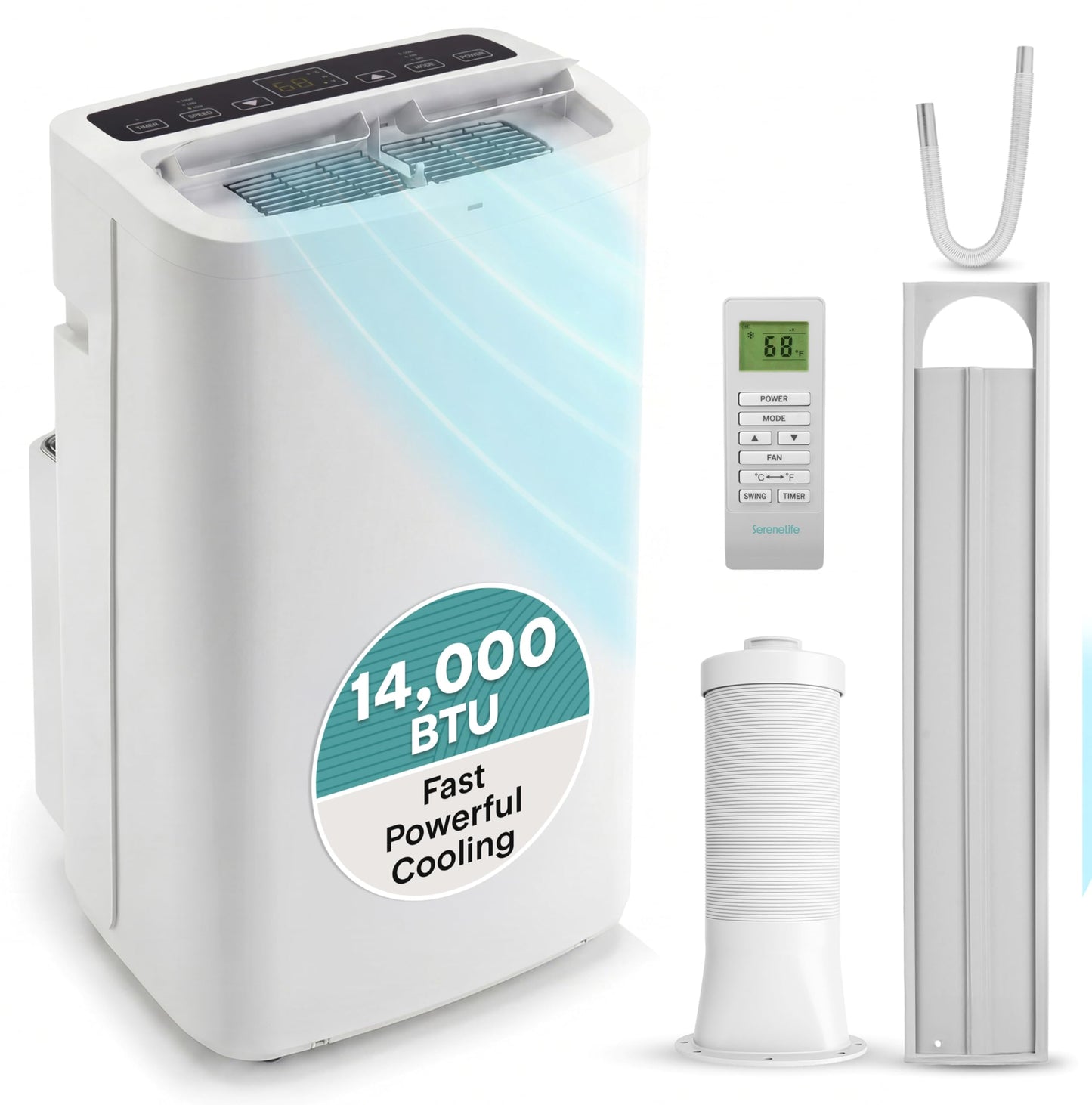 SereneLife Small Air Conditioner Portable 14,000 BTU with Built-in Dehumidifier - Portable AC unit for rooms up to 650 sq ft - Remote Control, Window Mount Exhaust Kit