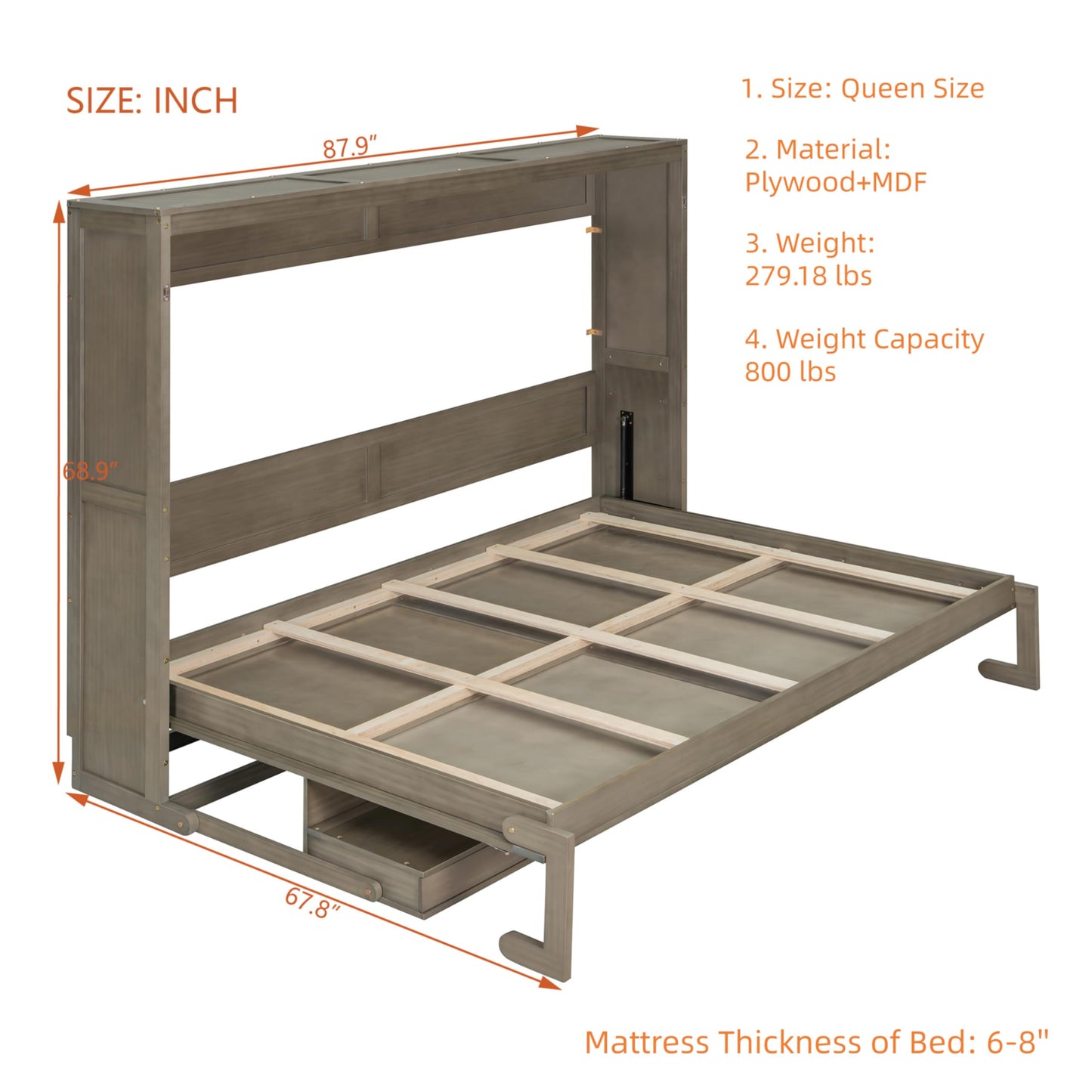 Merax Queen Size Murphy Bed with Vanity Desk, Foldable Murphy Cabinet Bed with Center Mirror and 2 Side Storage Drawers, Solid Wood Space-Saving Hidden Wall Bed Cabinet for Guest Room Office, Gray