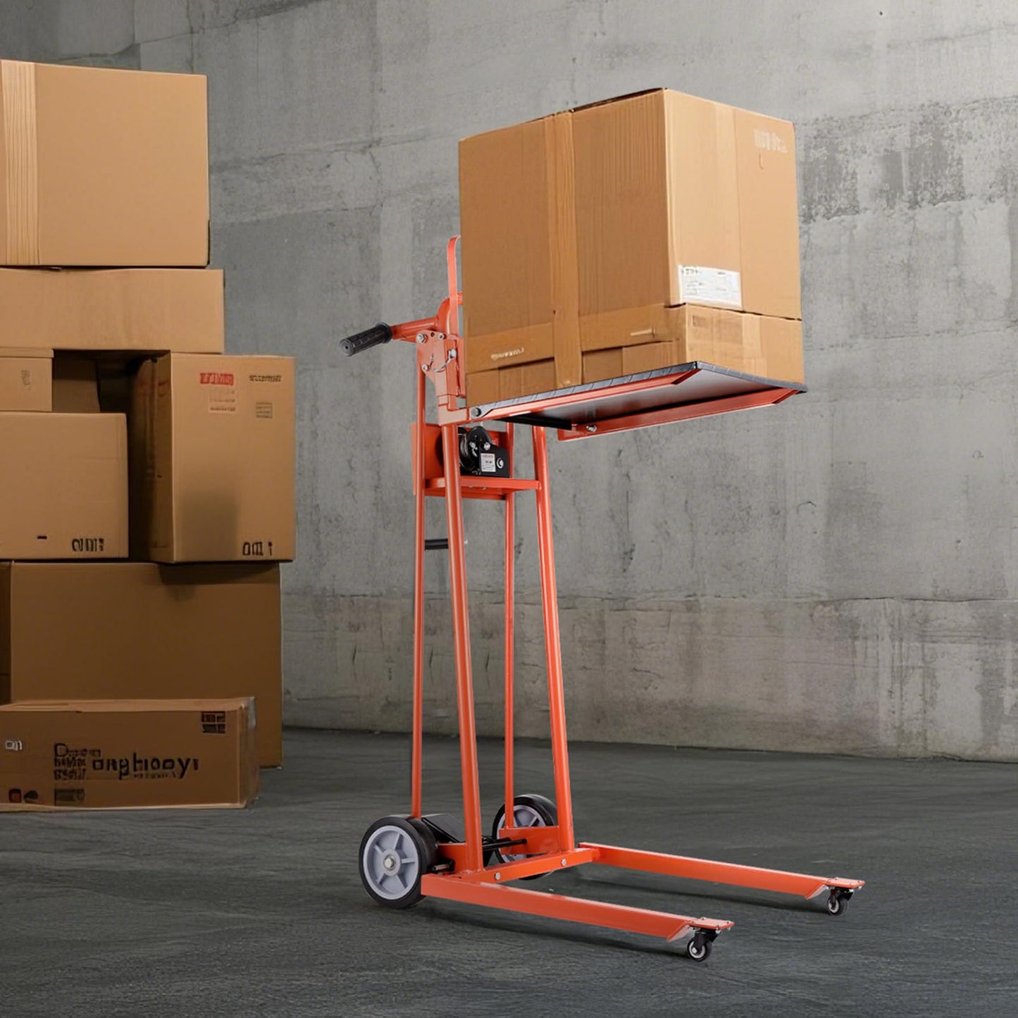 VEVOR Material Lift Winch Stacker, 330lbs Capacity Pallet Truck Dolly, 42.9in Max Lifting Height Manual Winch Stacker, Multifunctional Manual Pallet Truck Stacker with Swivel Casters and Lift Plate