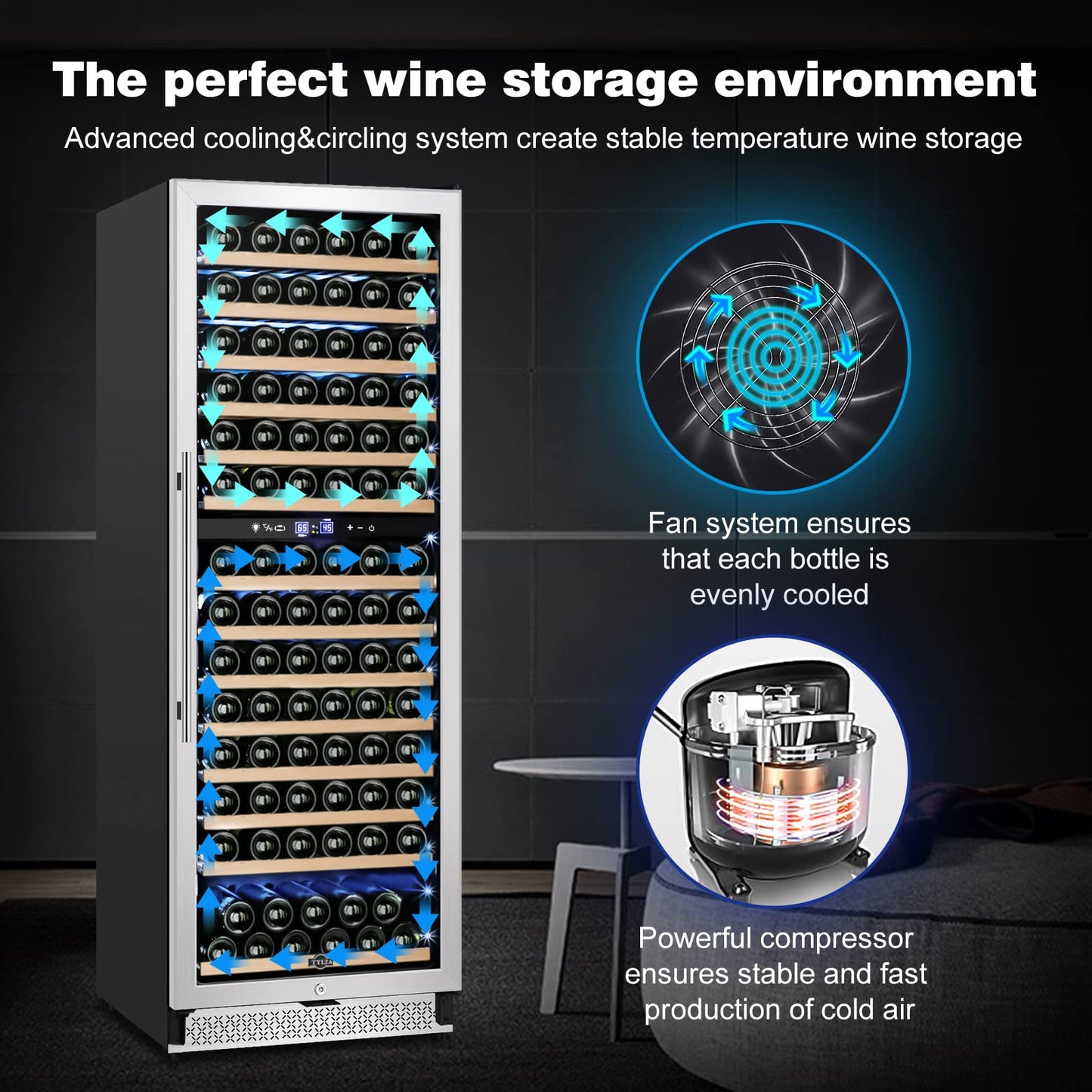 Tylza 24 Inch Wine Fridge Dual Zone, 180 Bottles Wine Cooler Refrigerator With Stainless Steel and Professional Compressor, Fast Cooling Low Noise and No Fog Built-in or Freestanding