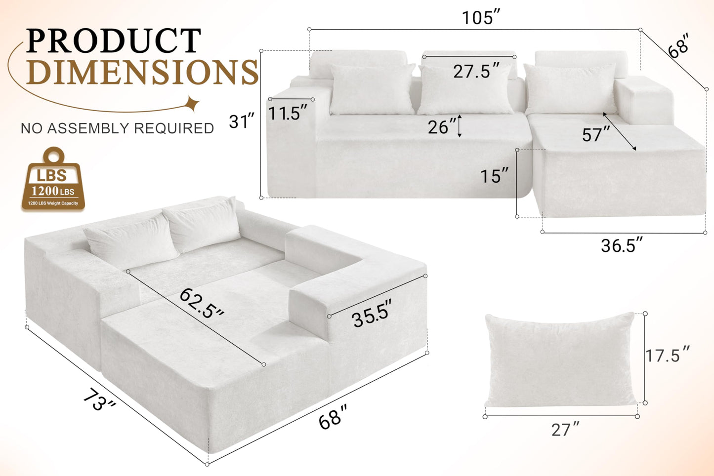 HABUTWAY 105" L-Shape Modular Sectional Sofa Couch for Living Room,No Assembly Required,Modular Comfy Sofa with Deep Seat for Living Room Bedroom,Luxury Distressed Velvet(Right,Beige)