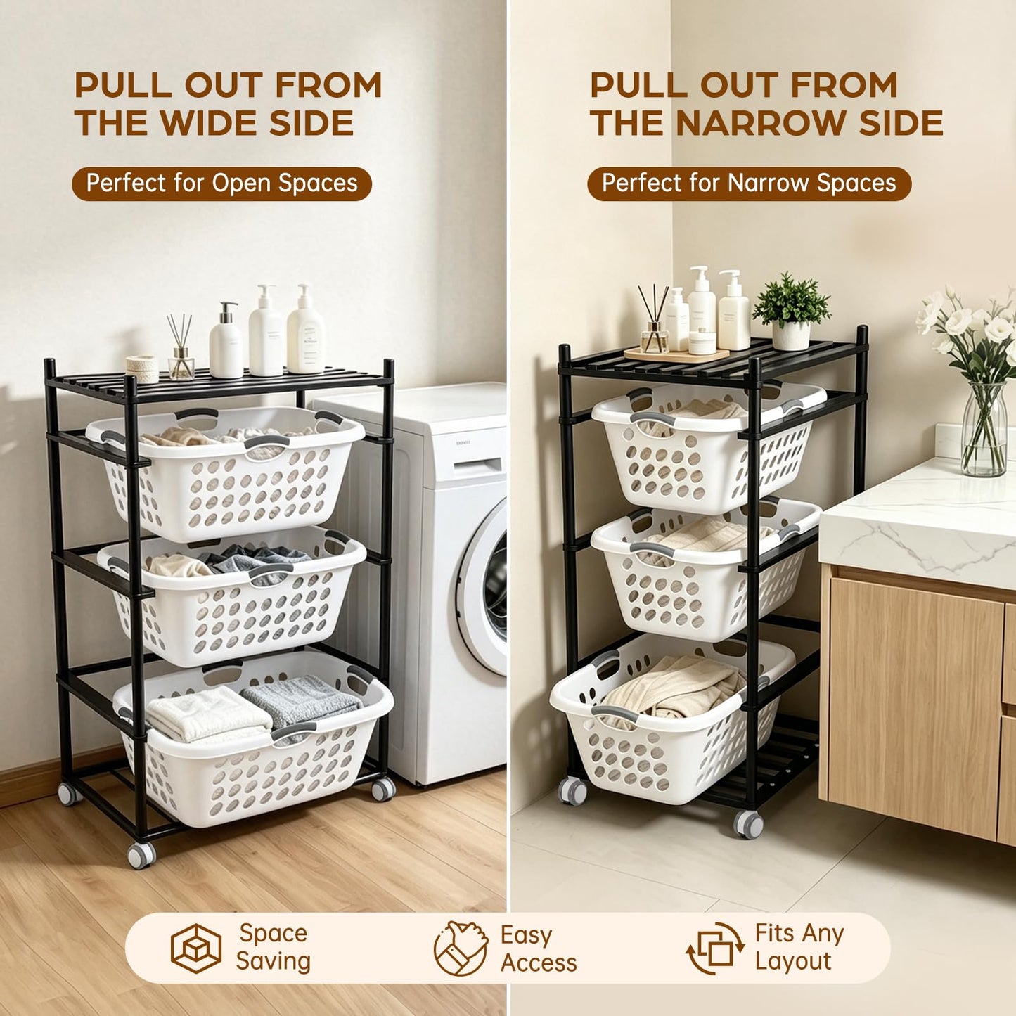Wooden Laundry Shelf with 3 Large Laundry Baskets, Rolling Laundry Organizer with Wheels, Vertical & Horizontal Assembly, Space-Saving Storage Rack for Bathroom, Bedroom, Laundry Room (Black)