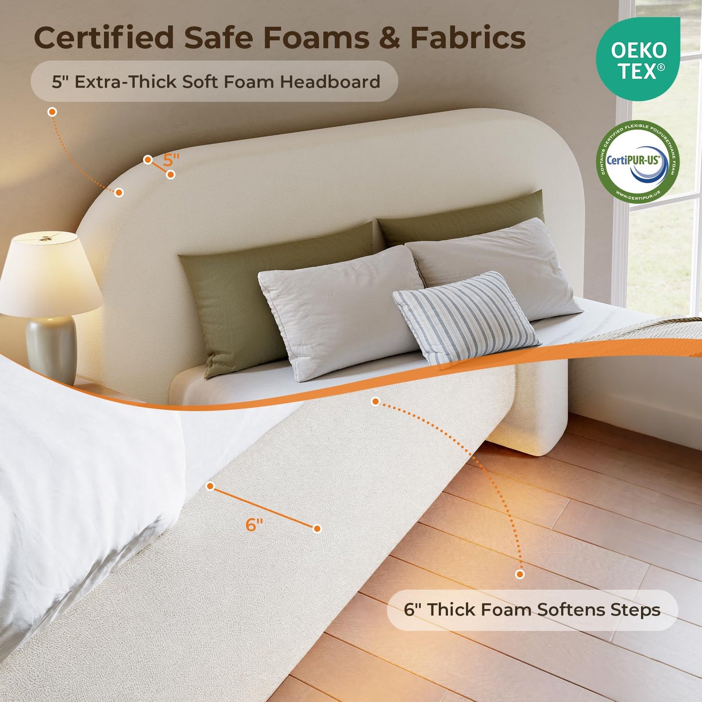 Hizyrina King Size Floating Cloud Bed Frame with 5" Thick Headboard & RGB LED Lights, Upholstered Platform Bed, Soft Rounded Corner, Metal Slat Support, Noise-Free, No Box Spring Needed, Beige
