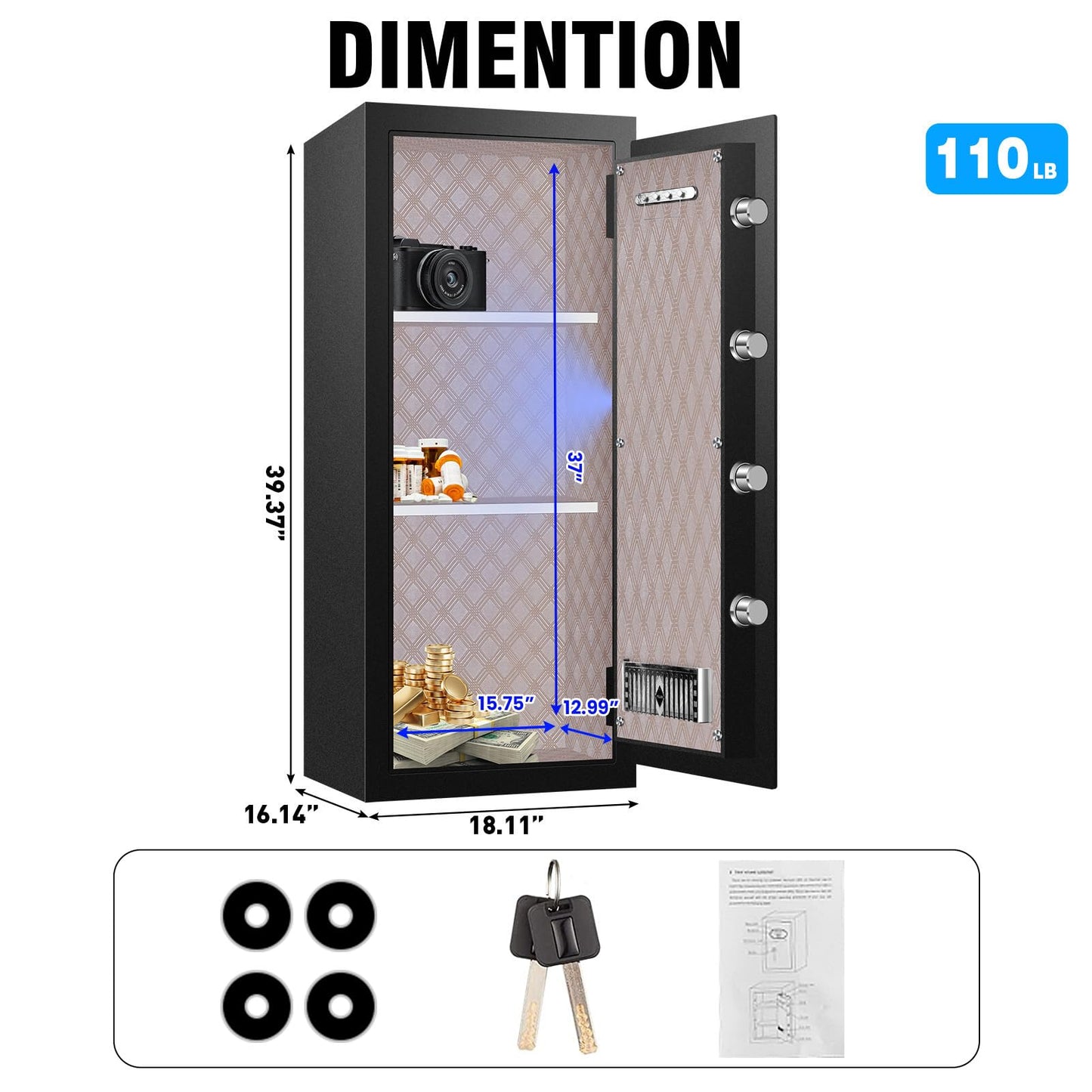 ToruKeep 9.2 Cu Ft Fireproof Safe with LED Light - 60 Min Fire Rated Waterproof Security Box, Digital Keypad Lock for Home Office, Documents, Jewelry, Laptop & Valuables