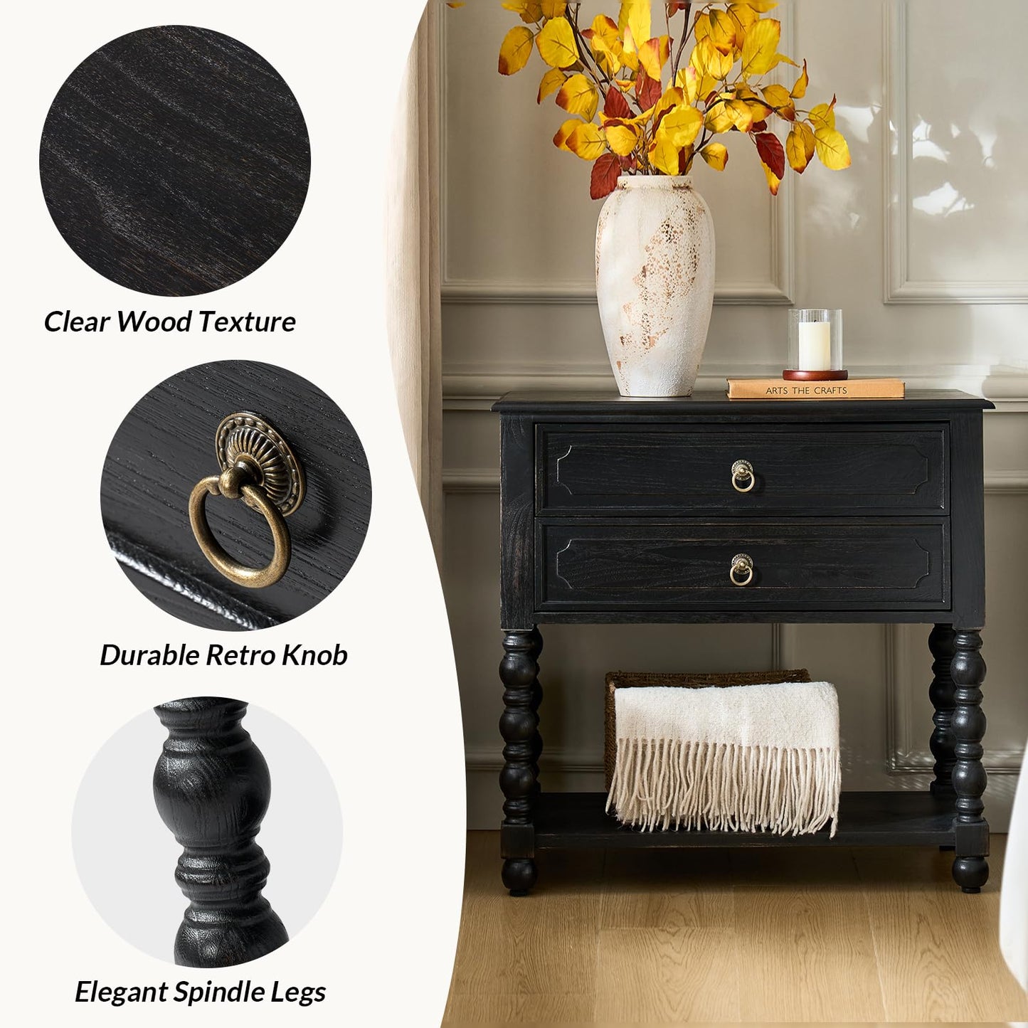 HULALA HOME Farmhouse Storage End Table with 2 Drawers and Open Shelf, Solid Wood Side Table with Spindle Legs, End Table with Charging Station (Charcoal)